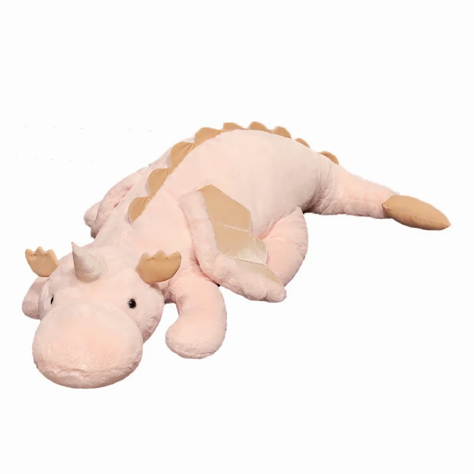 Pink and white dragon plush body pillow with horns and wings, lying flat.
