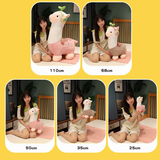 Size comparison of pink and gray alpaca plushies with headphones held by a woman with cm labels