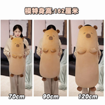Size comparison of tan capybara bolster pillows at 70cm, 90cm and 120cm next to a woman