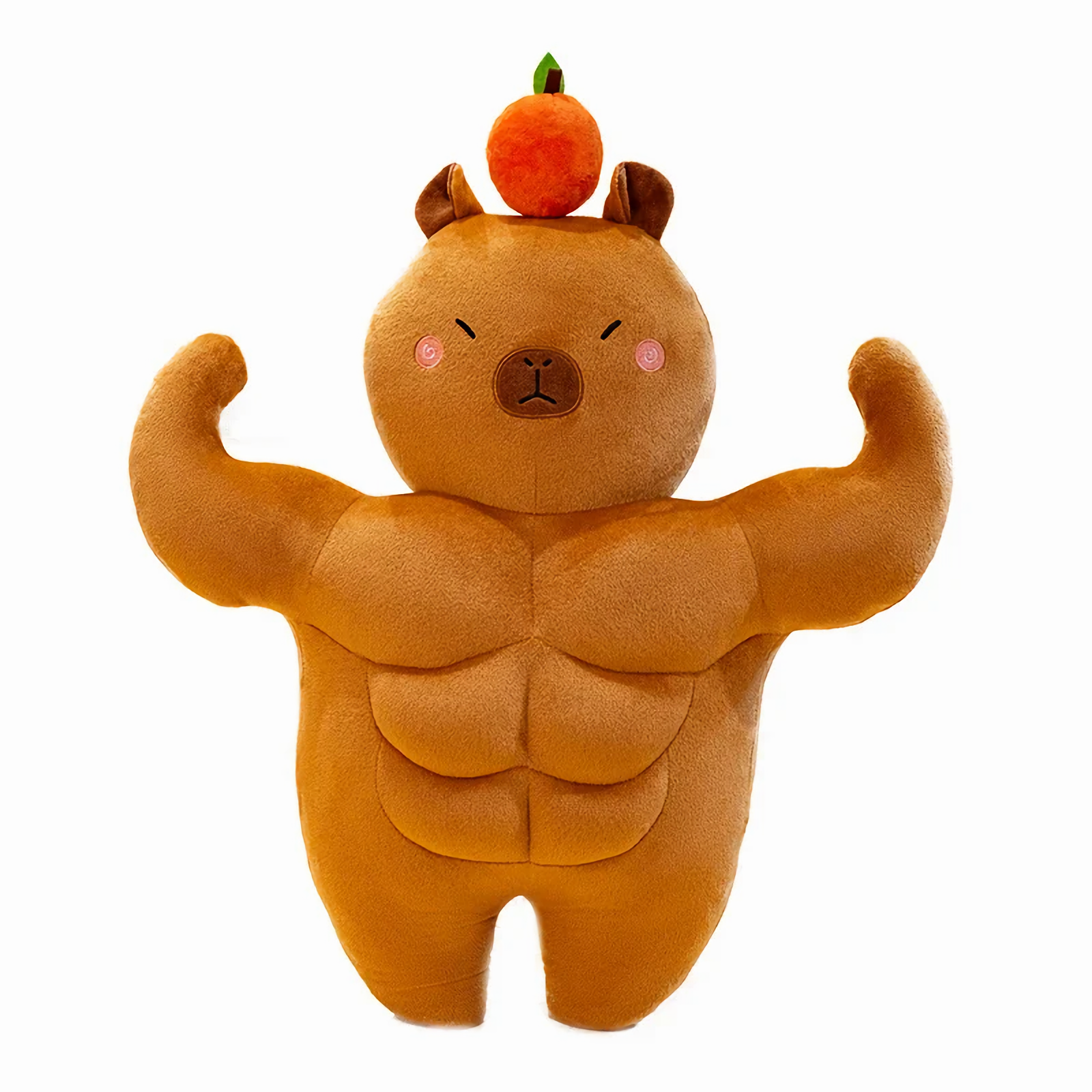 Muscle capybara plush with an orange on its head on a white background