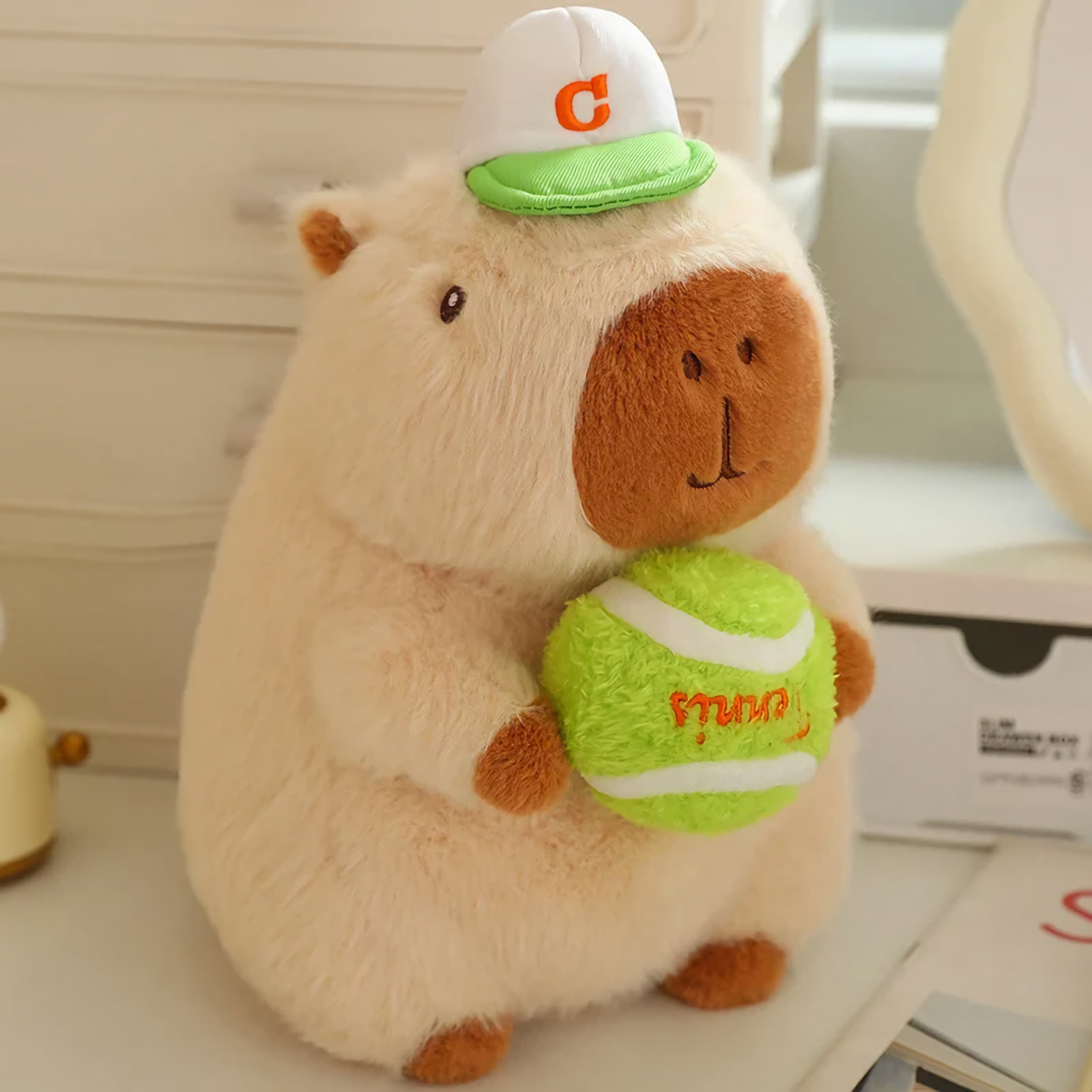 Brown capybara plush with a white cap holding a green tennis ball