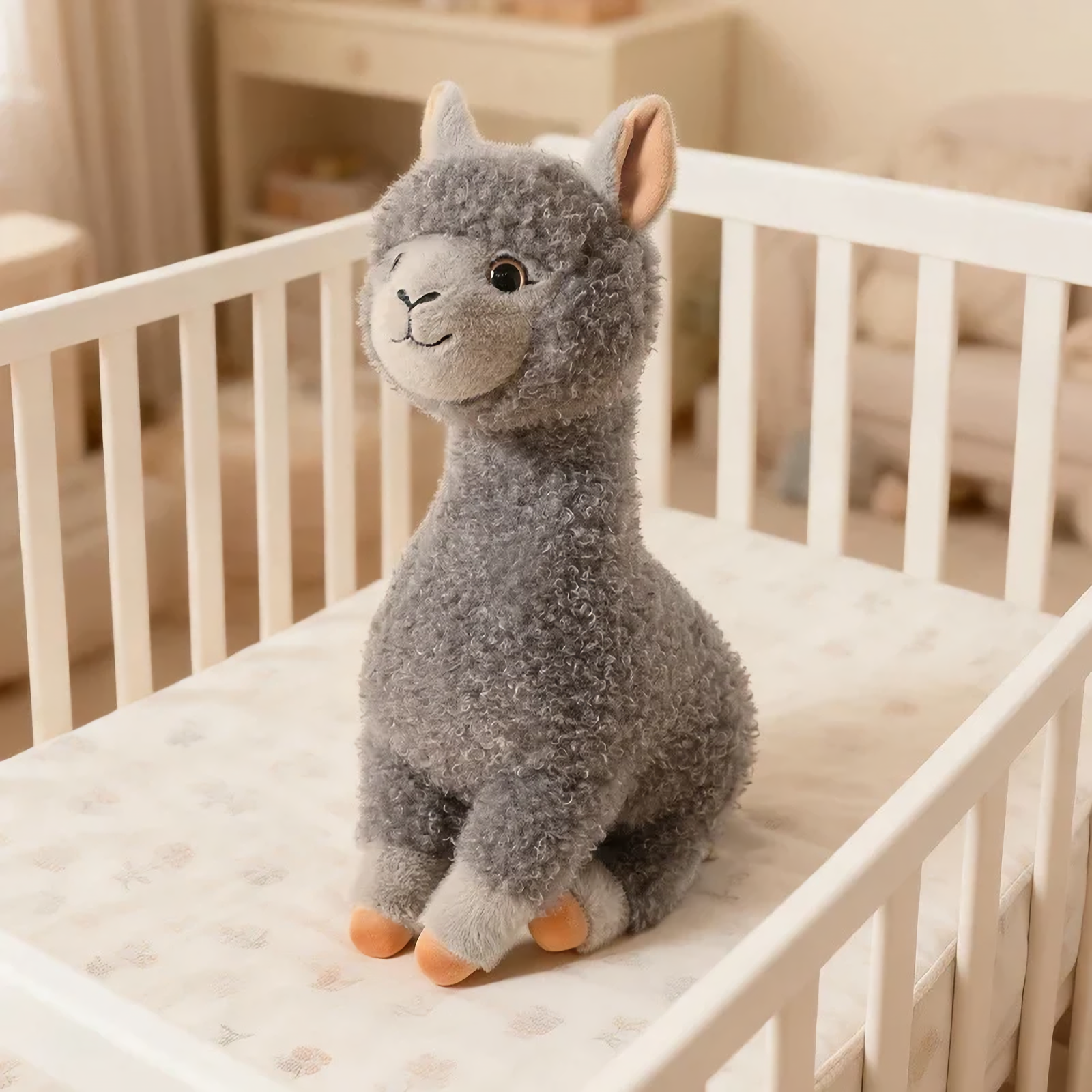 Gray fluffy alpaca plush with tan ears sitting in a white crib