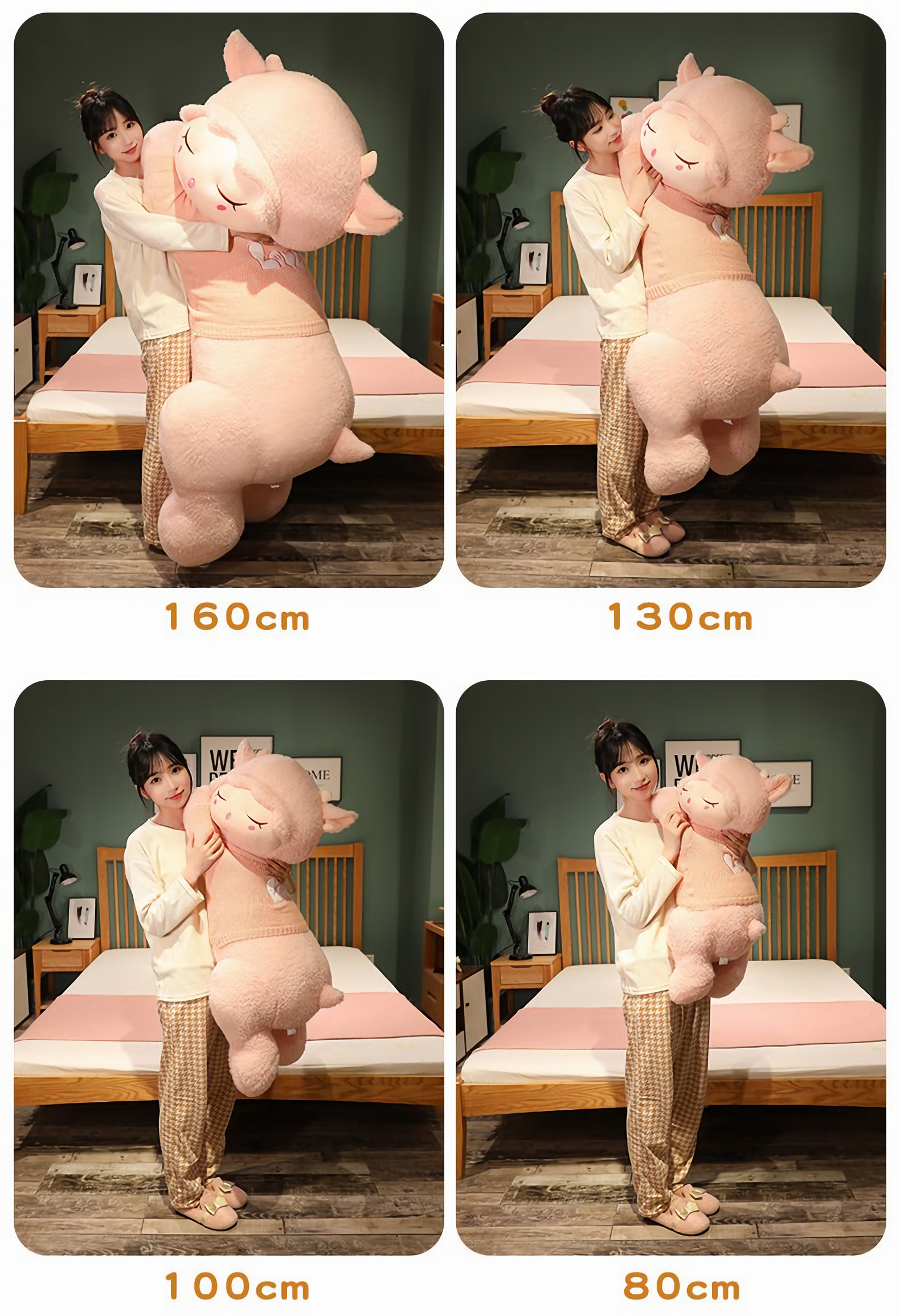 Size comparison of a pink sheep plush pillow with cm labels held by two people