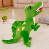 Green Spinosaurus dinosaur plush with a sail on its back on a rug