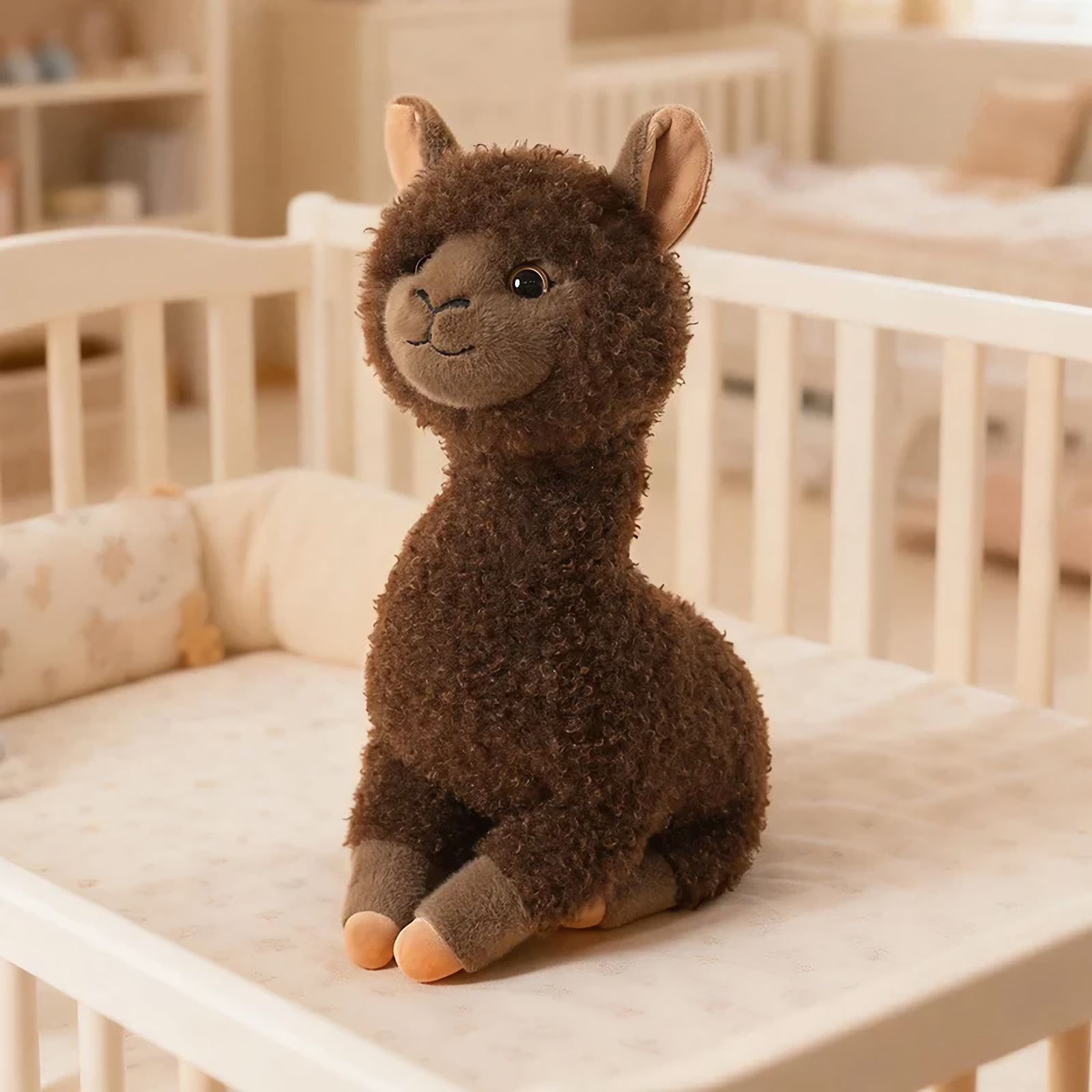 Brown fluffy alpaca plush with tan ears sitting in a white crib