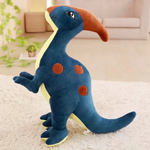 Blue Parasaurolophus dinosaur plush with a brown crest and spots on a rug