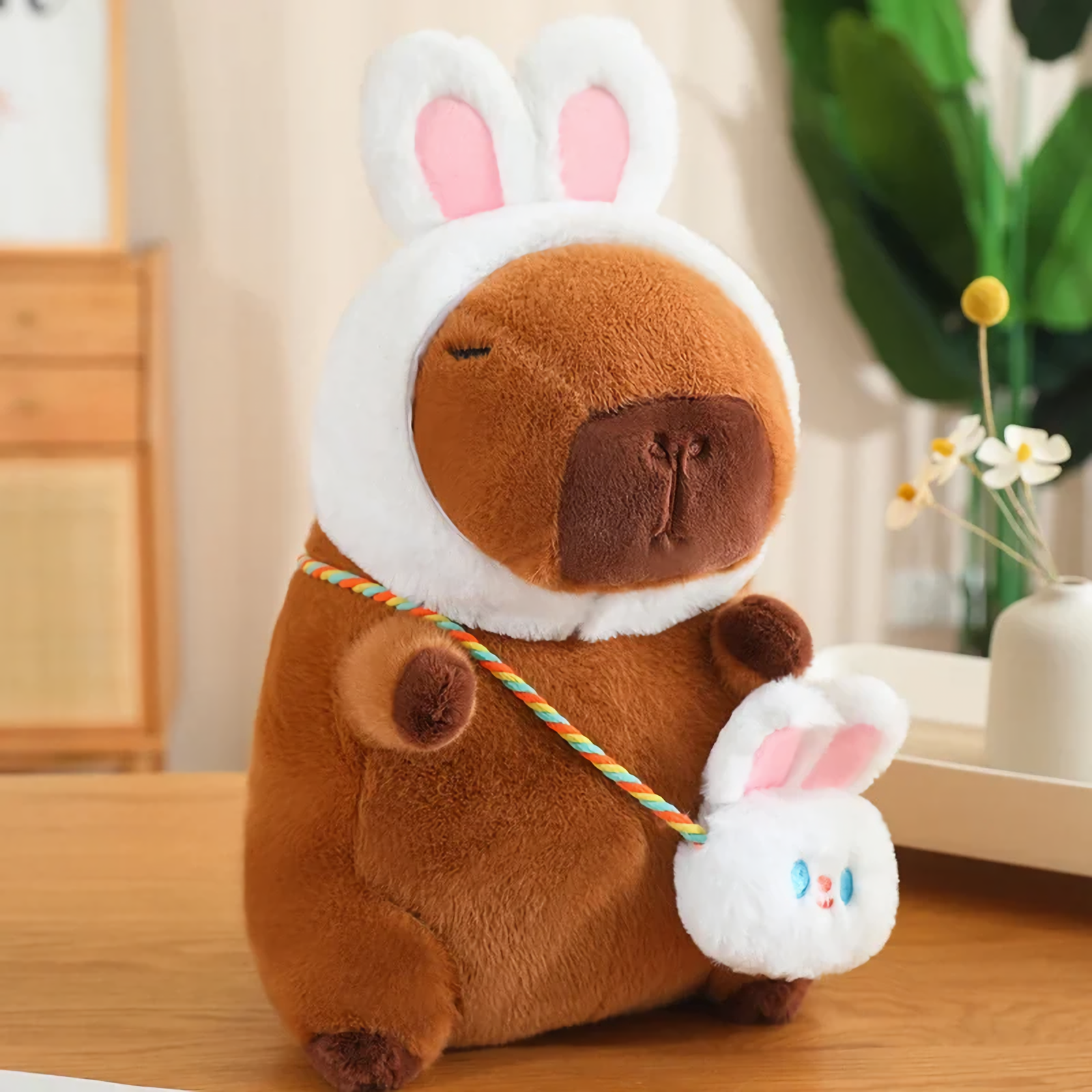Capybara plush in a white rabbit hood with a rabbit mini bag