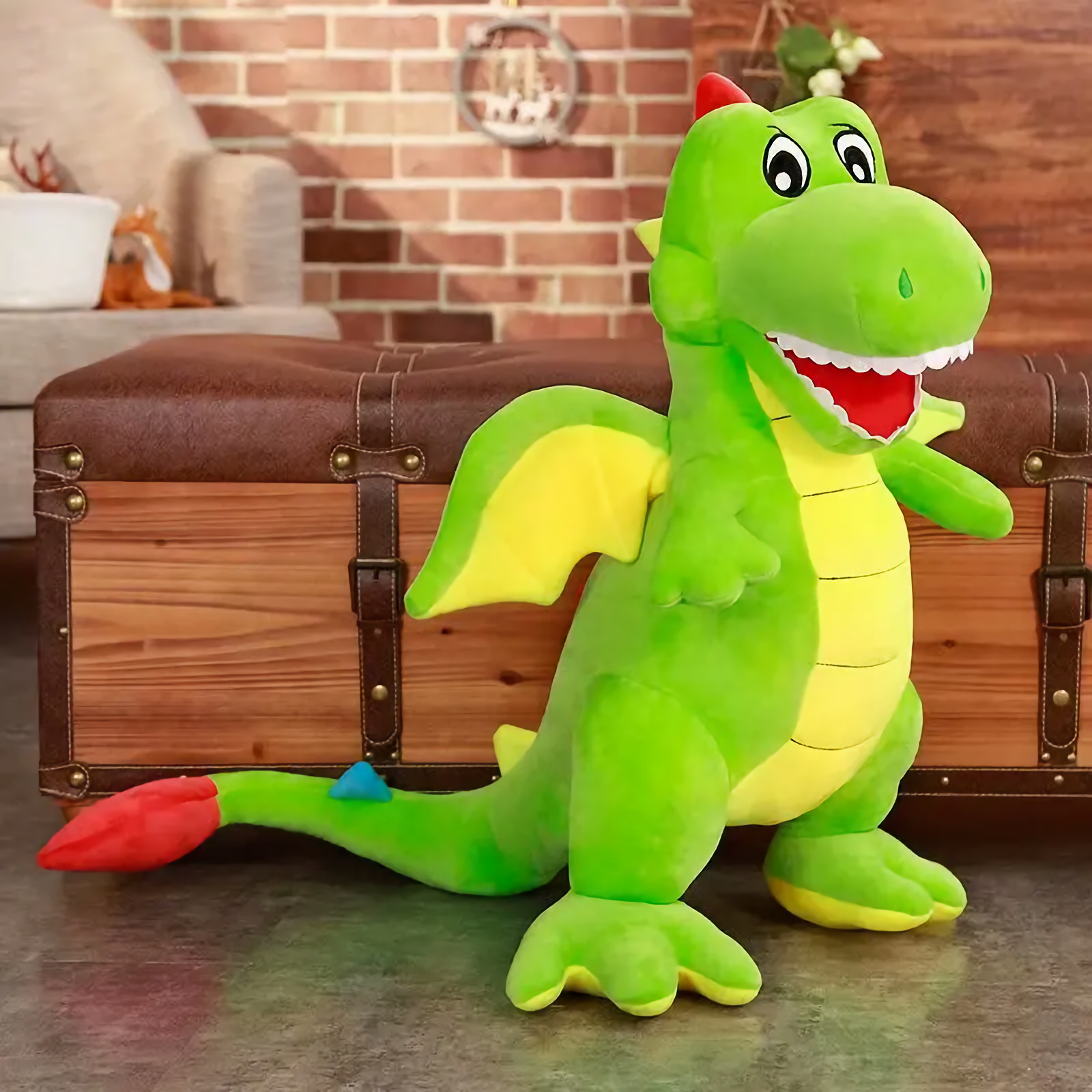 Green Pterosaur dinosaur plush with yellow wings and an open mouth