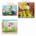 Size guide showing dinosaur plush toys next to people with measurements in centimeters