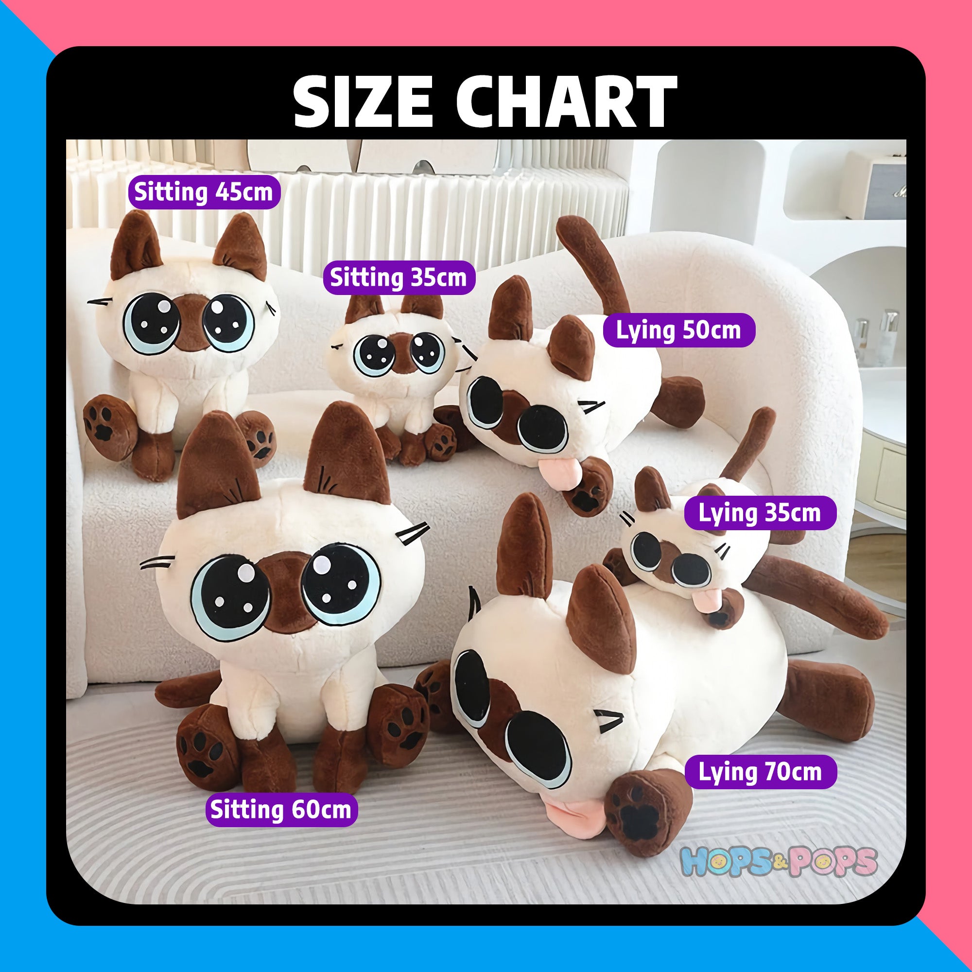 Size Chart for Big-Eyed Siamese Cat Stuffed Animal Plush