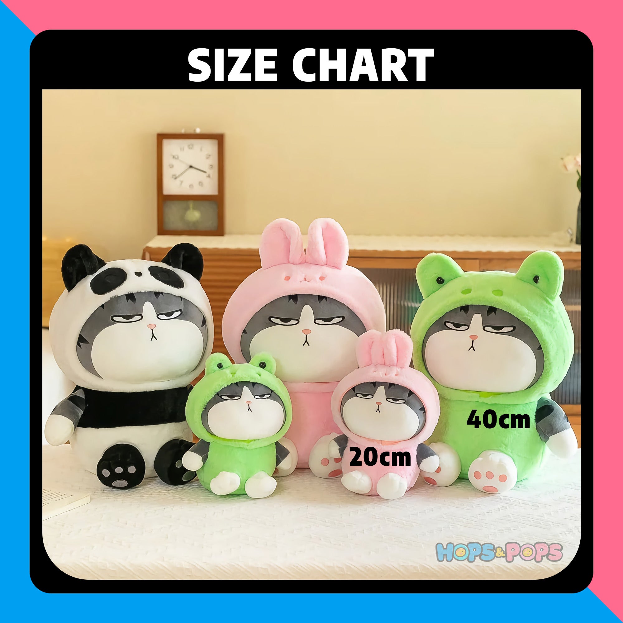 Size Chart for Grumpy Cosplay Cats Stuffed Animal Plushies in Cute Hoodies