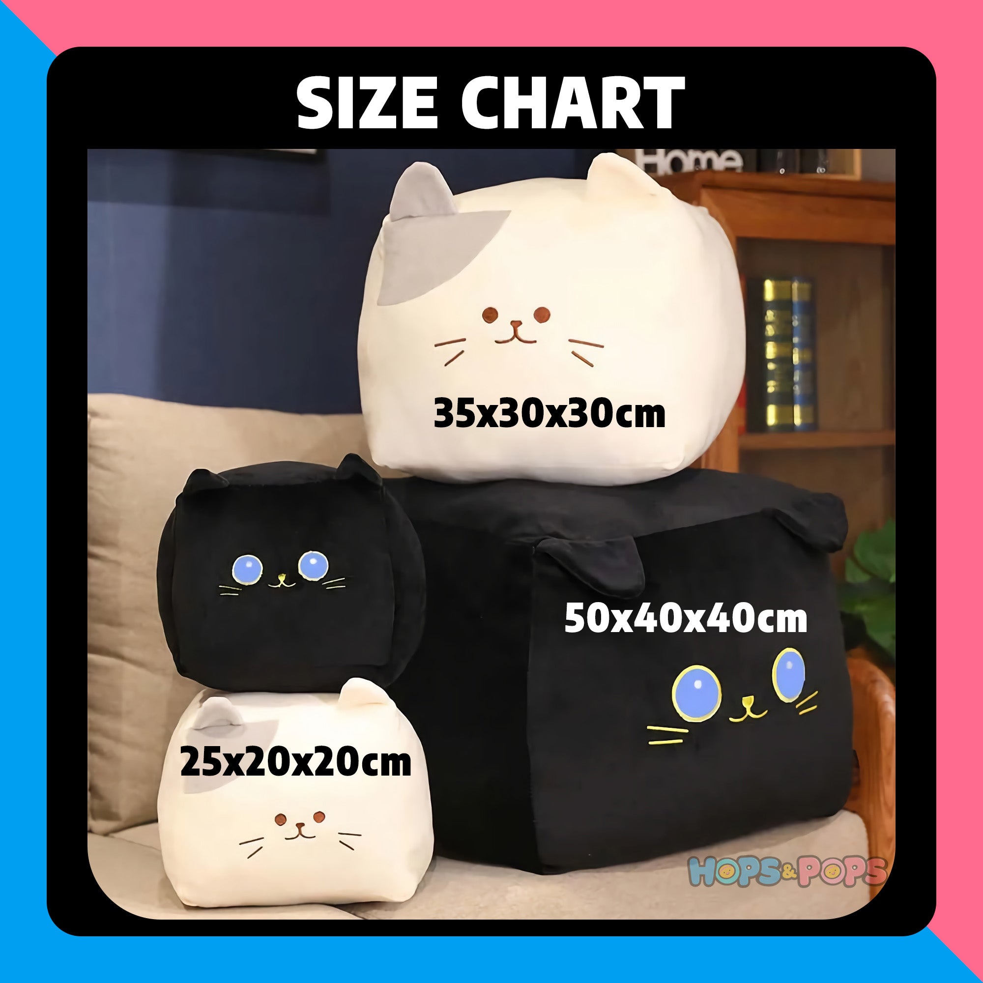 Size Chart for Chonk Cube Cats - Squishy Square Plush Pillows