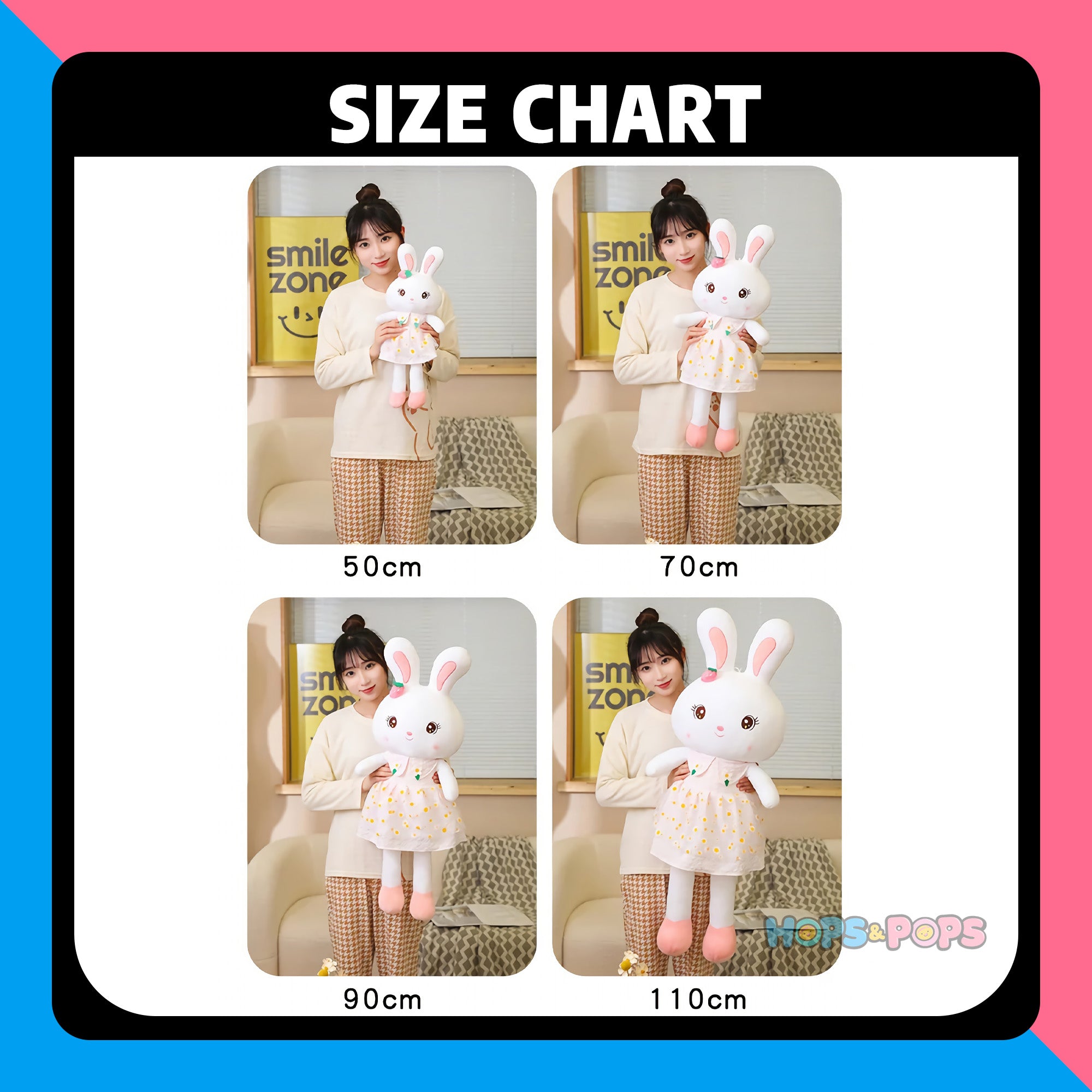 Size Chart for Daisy Dress Bunnies, Sweet Plush Rabbits in Floral Skirts