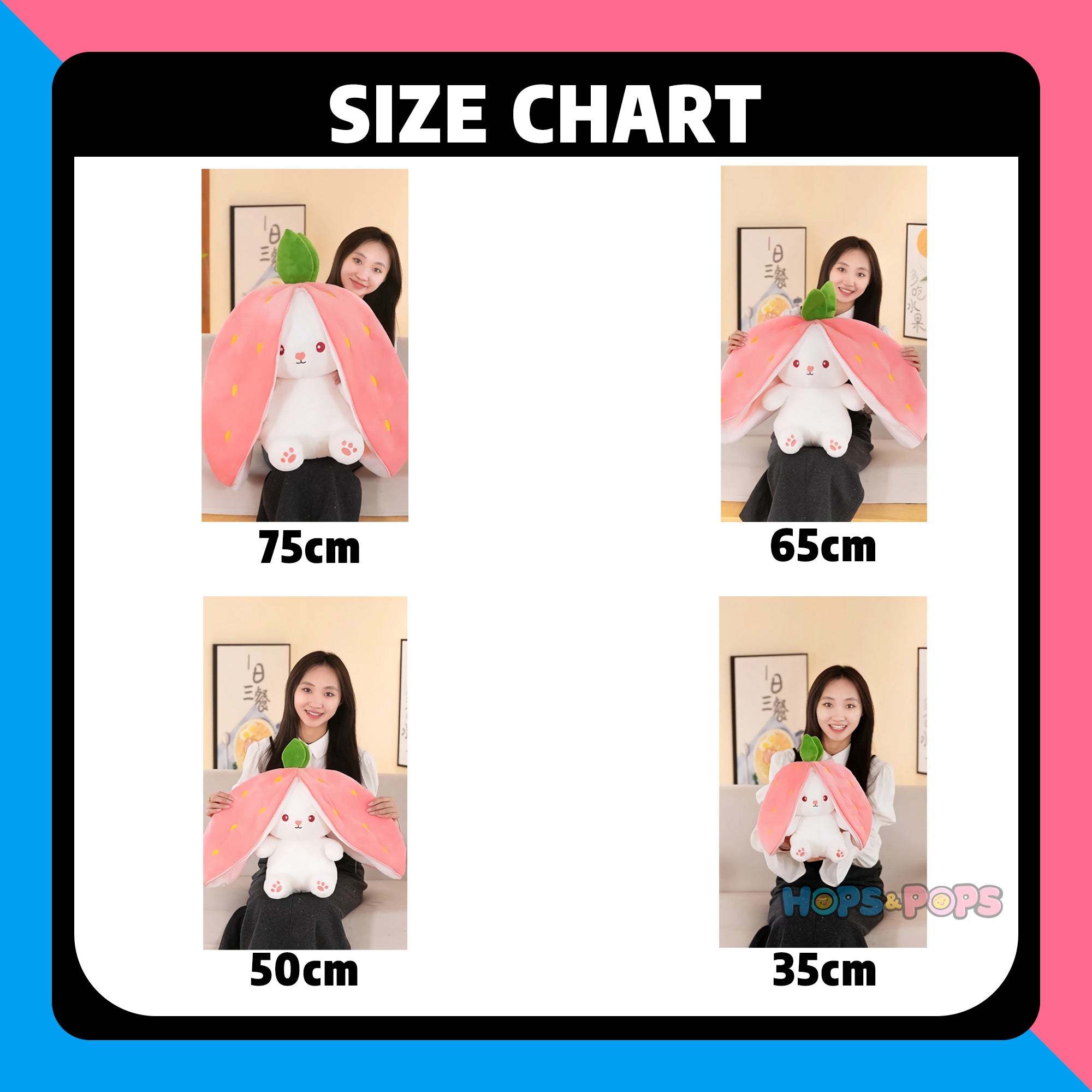 Size Chart for Berry Buns, Transforming Strawberry & Carrot Bunny Plush