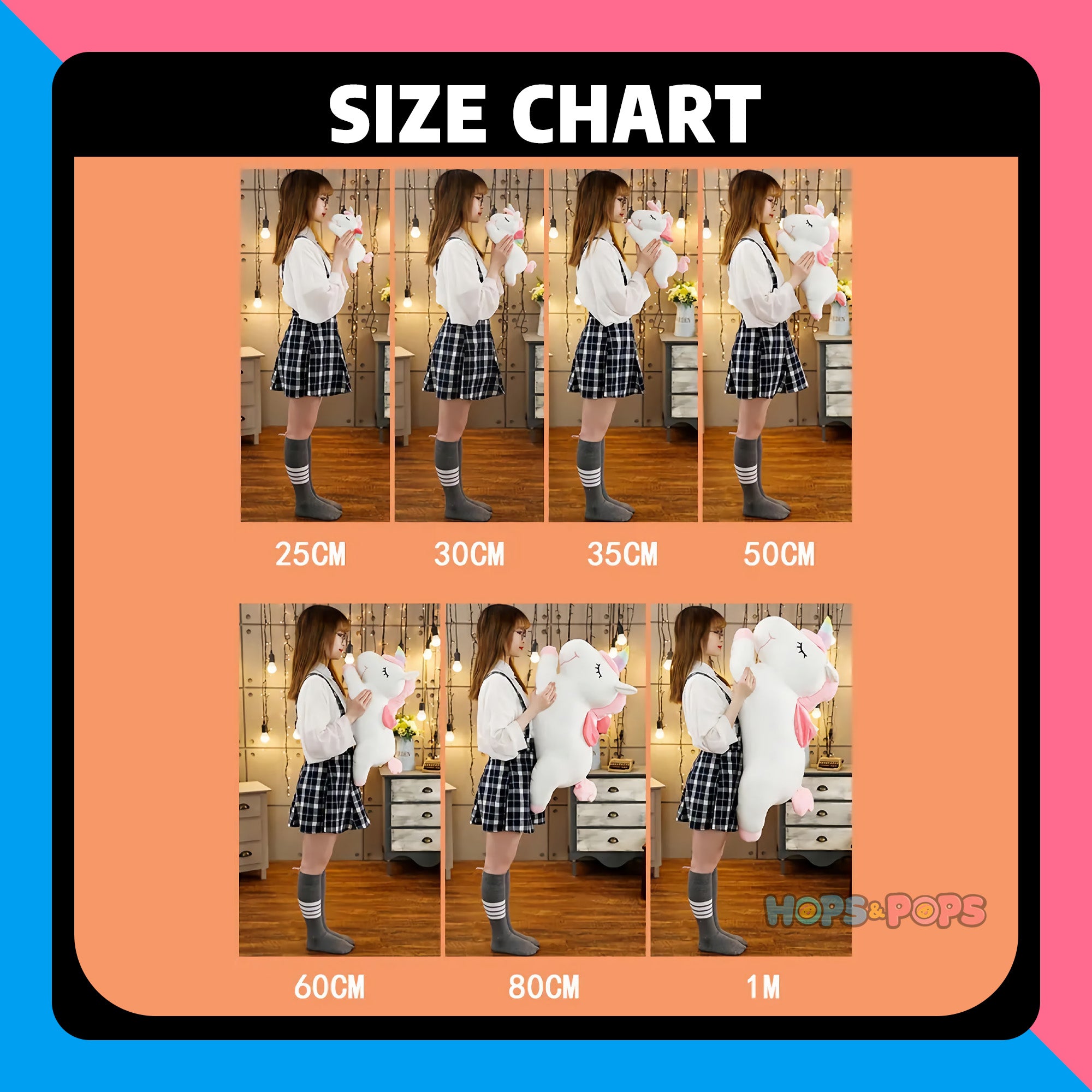 Size Chart for Dreamie Napicorns, Sleepy Rainbow Unicorn Plushies
