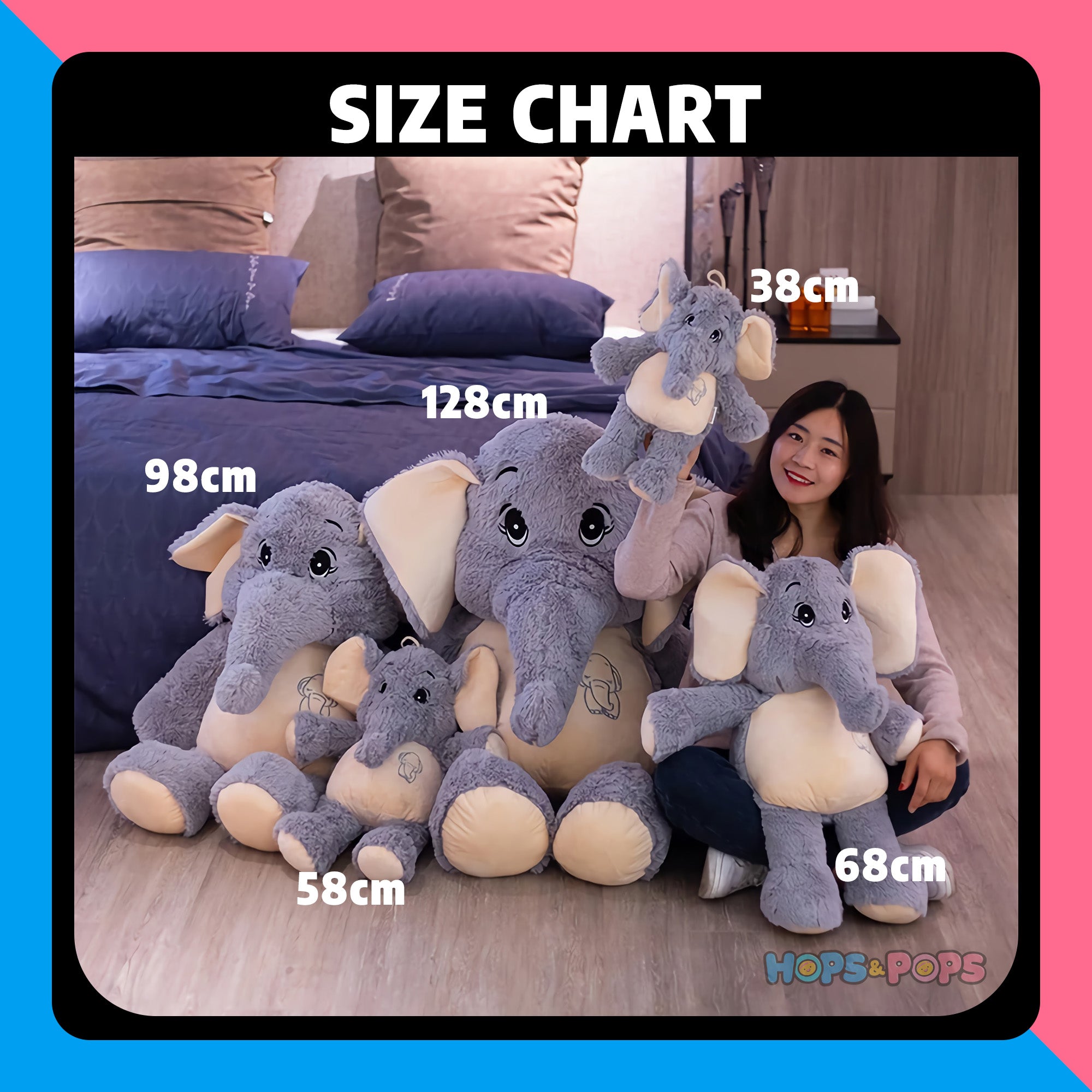 Size Chart for Jumbo Cute Snugglephant Elephant Plush
