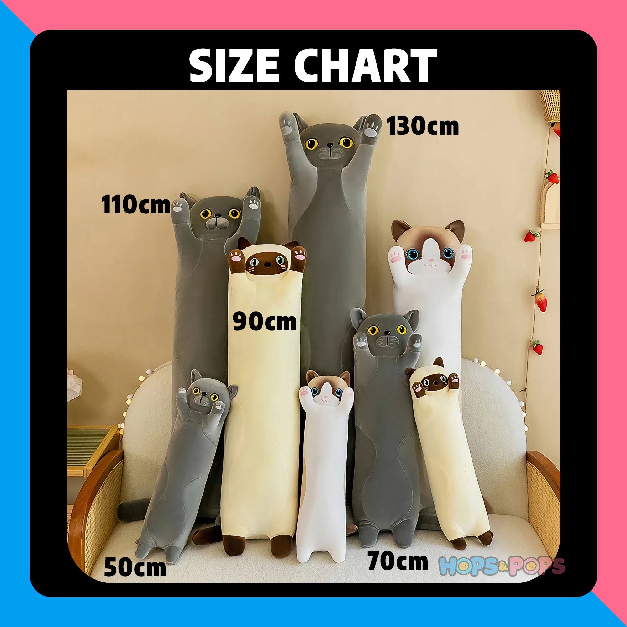 Size Chart for Stretchy Cat Extra-Long Plushies