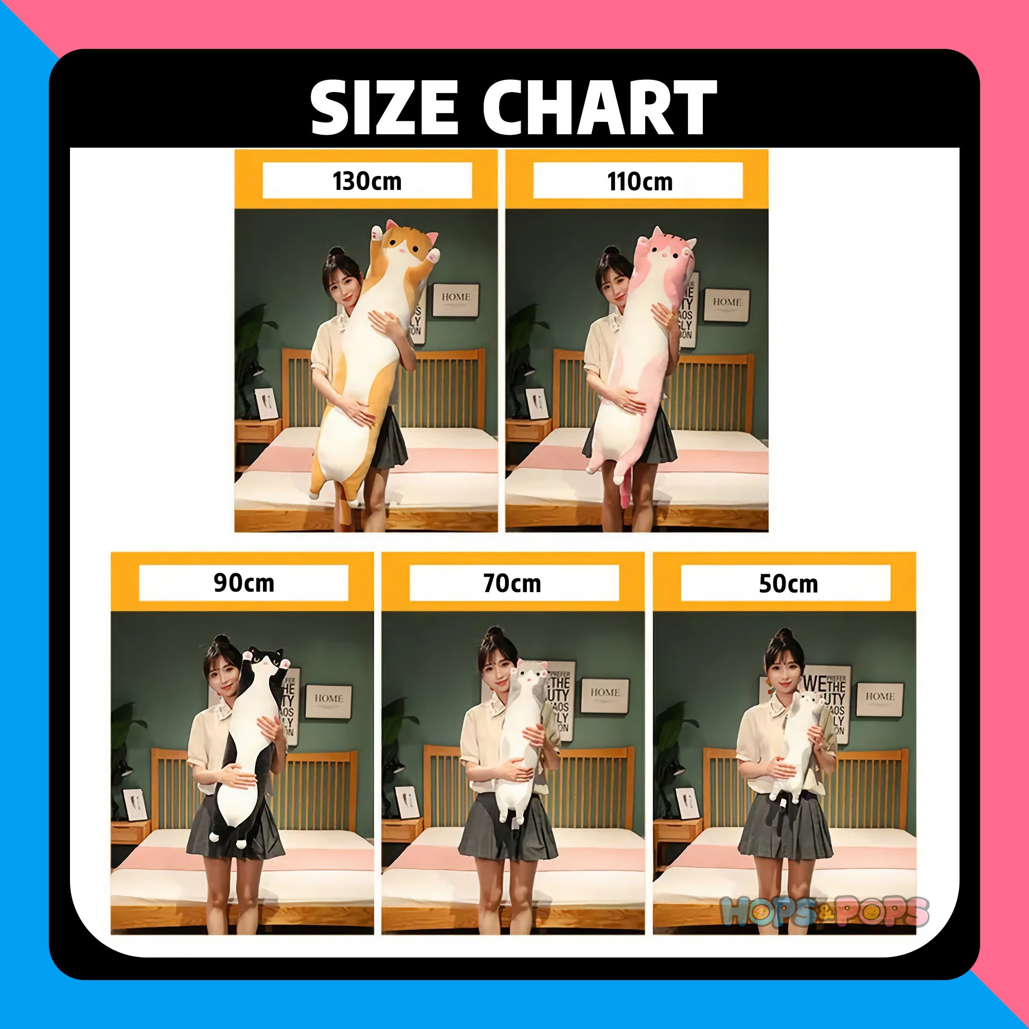 Size Chart for Paws Up! Looong Cat Plushies