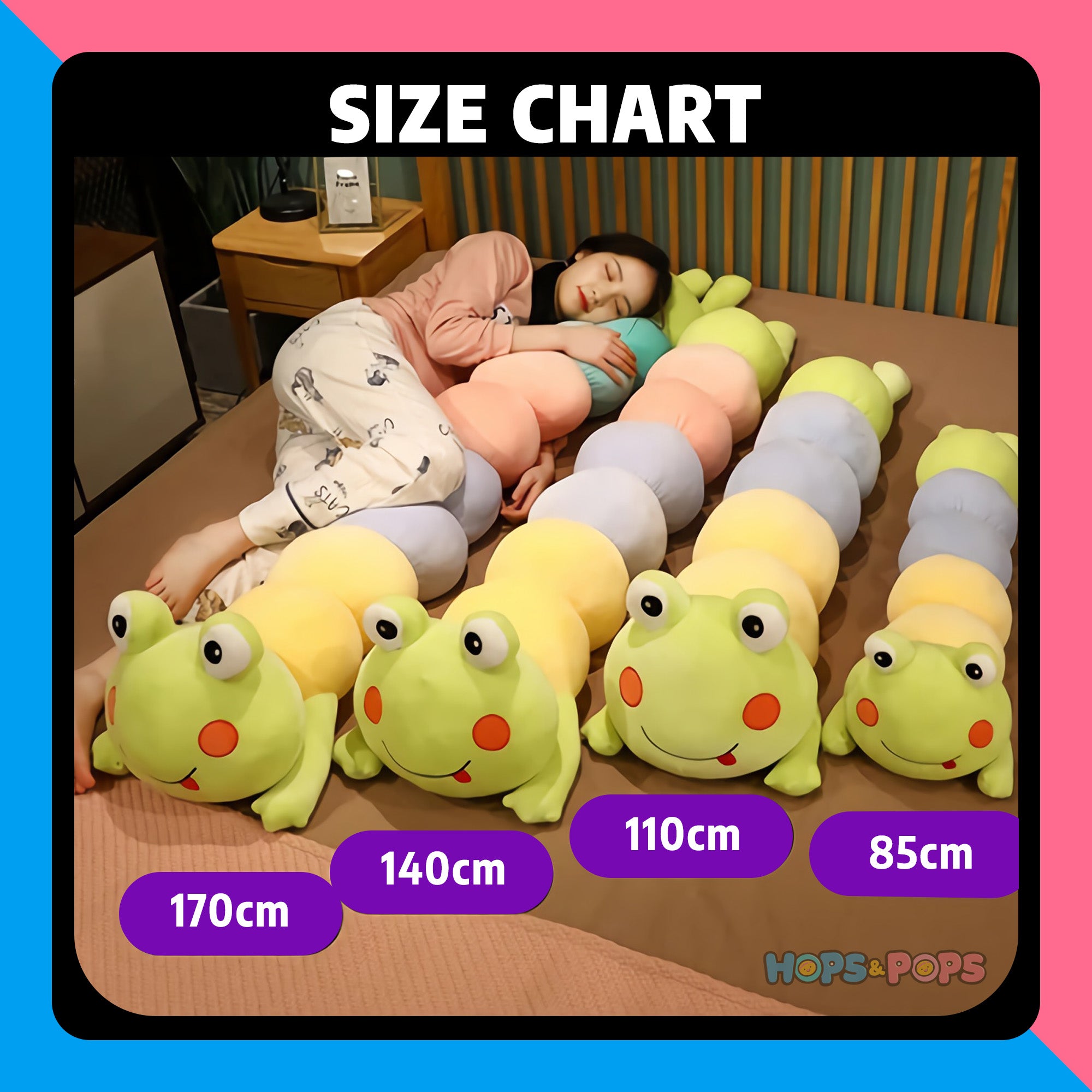 Size Chart for HugglePillar Fox & Frog Caterpillar Looong Plushie