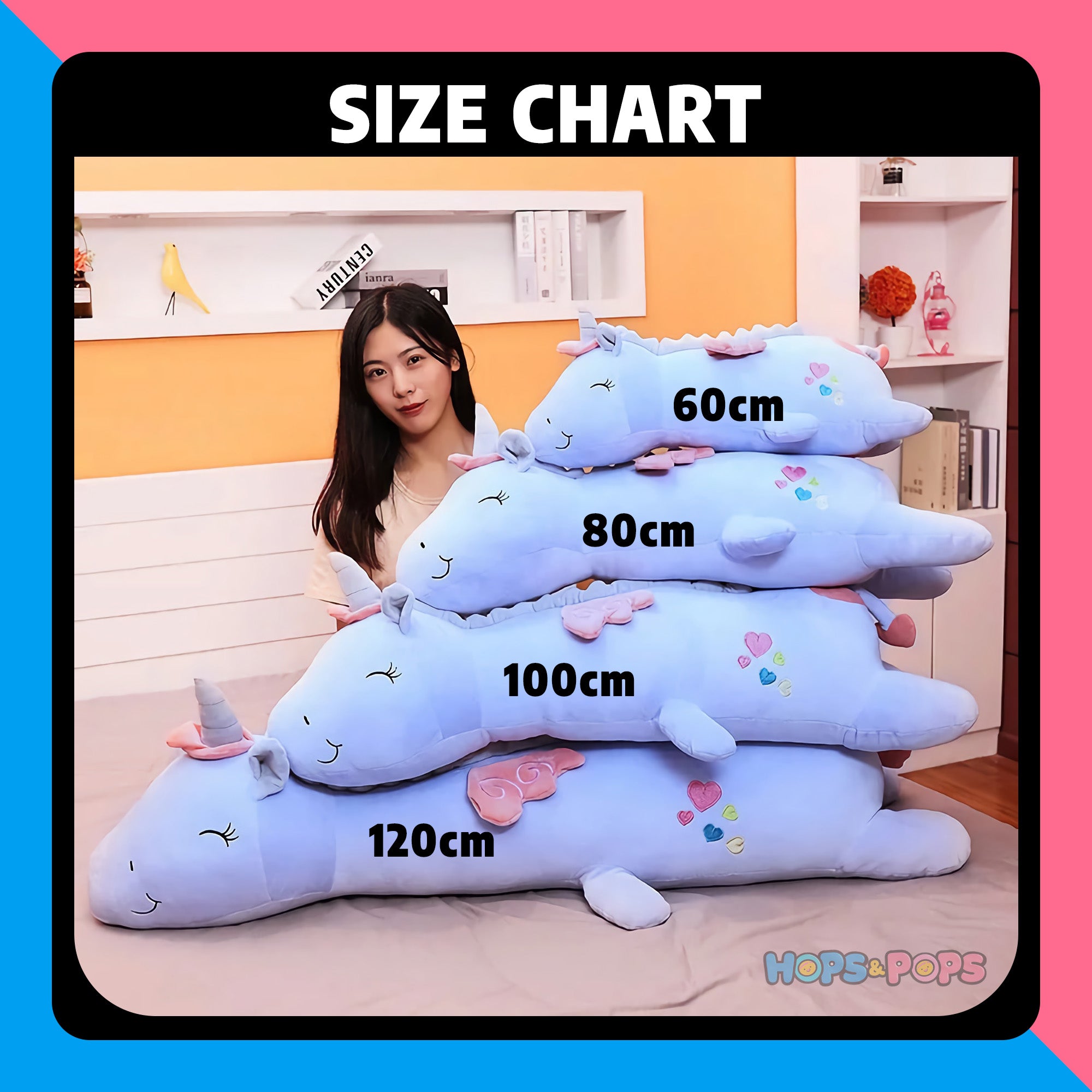 Size Chart for DreamWhirl Unicorns, Pastel Plush Pillow Companions