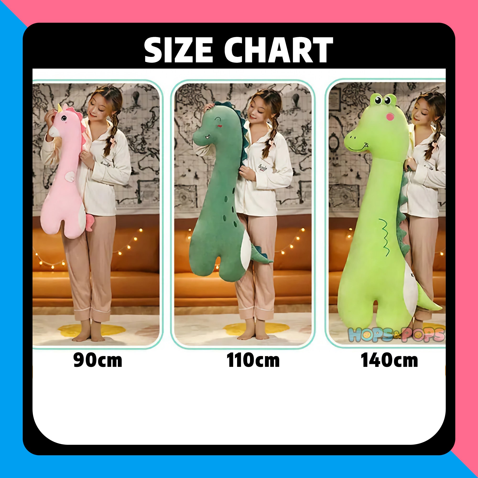 Size Chart for Lanky Snuggle Beasts Looong Plush Buddies