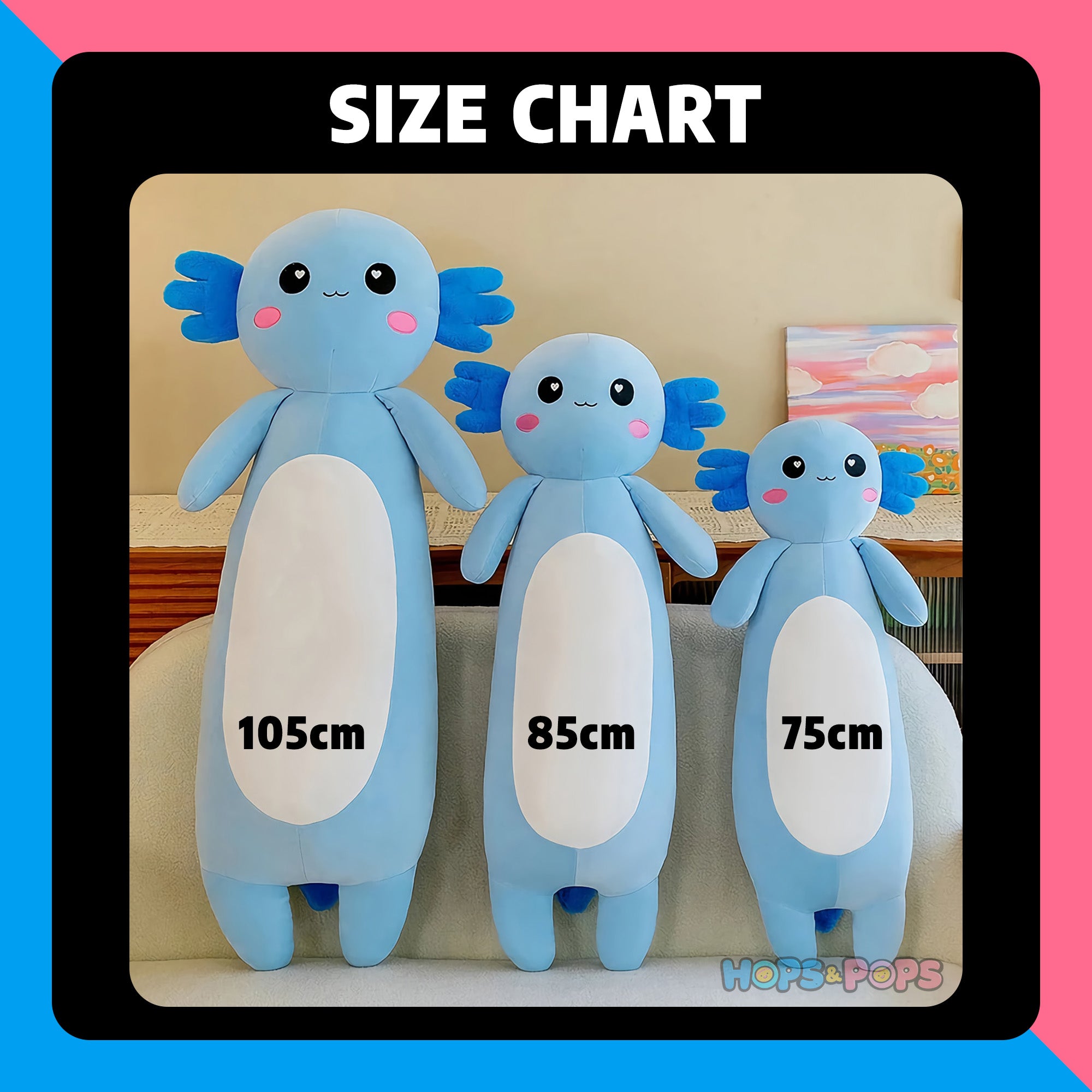 Size Chart for Axolotl Stuffed Looong Plushie