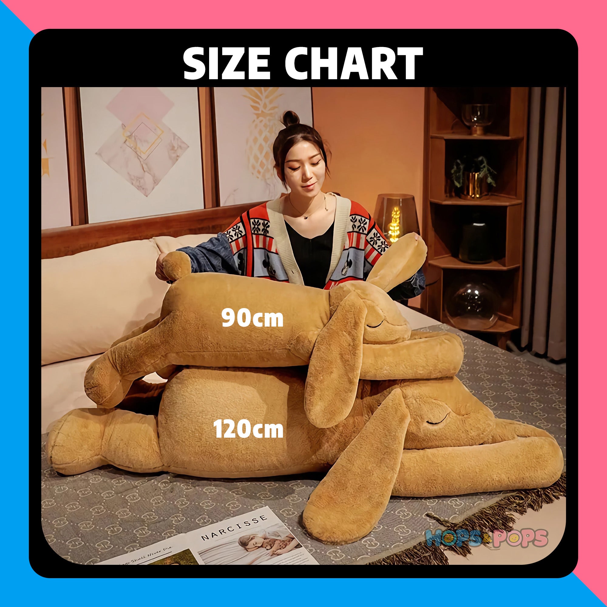 Size Chart for Dreamy Snuggle Bunnies Plush Rabbit Pillows