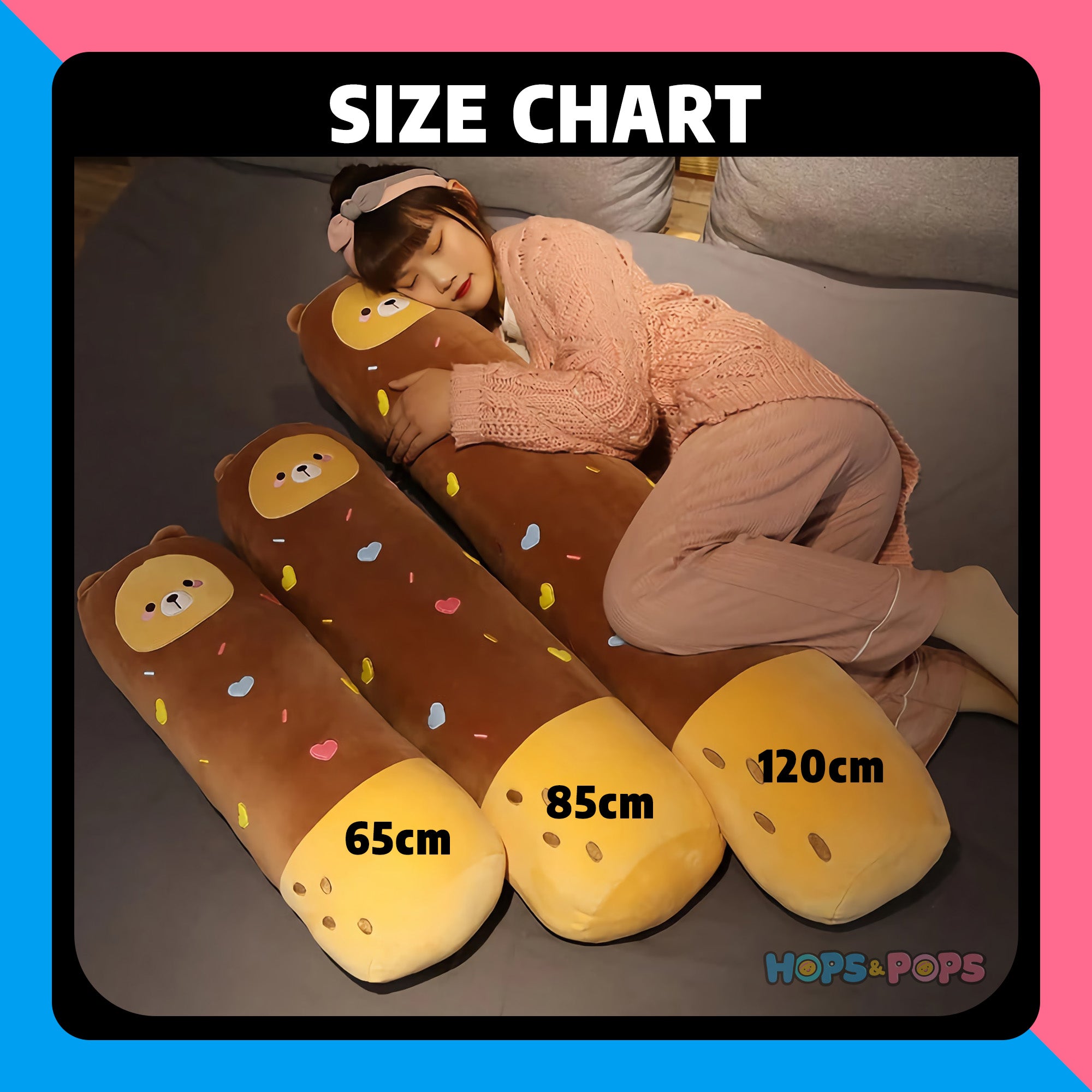 Size Chart for Hearts & Confetti Pattern Looong Plushies
