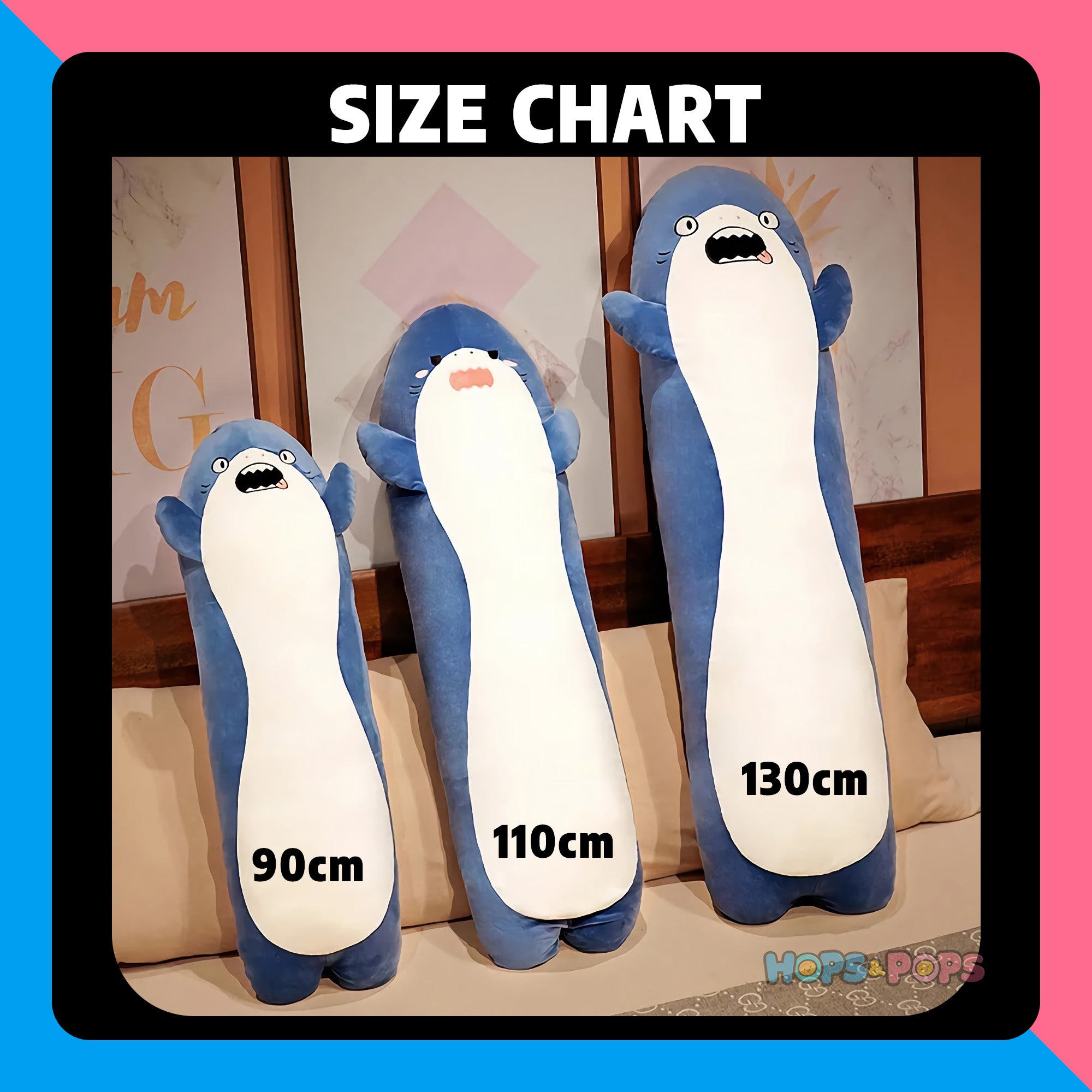 Size Chart for Mood Sharks, Looong Plush Sea Pals
