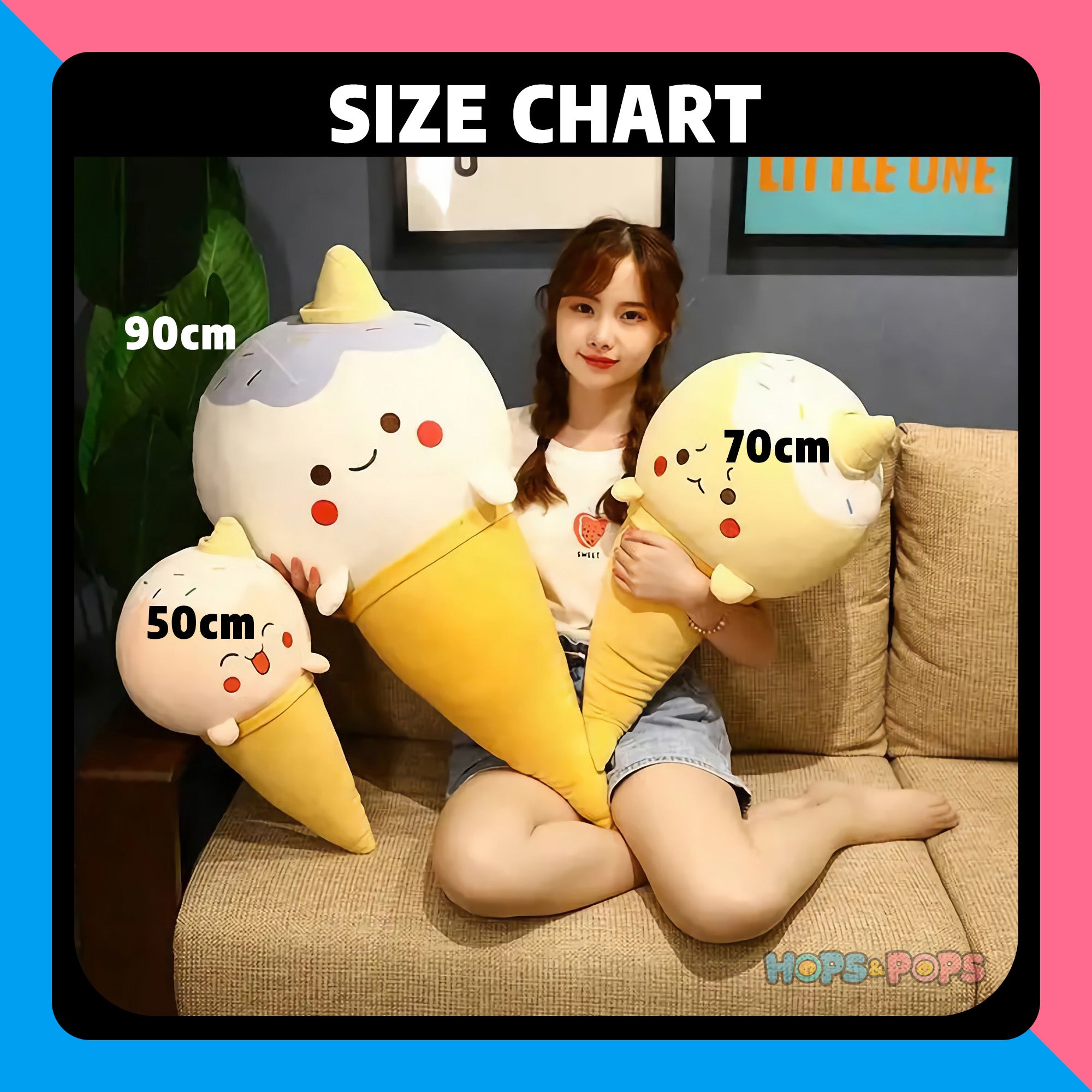 Size Chart for Cone Cuties, Kawaii Ice Cream Plush Cushions