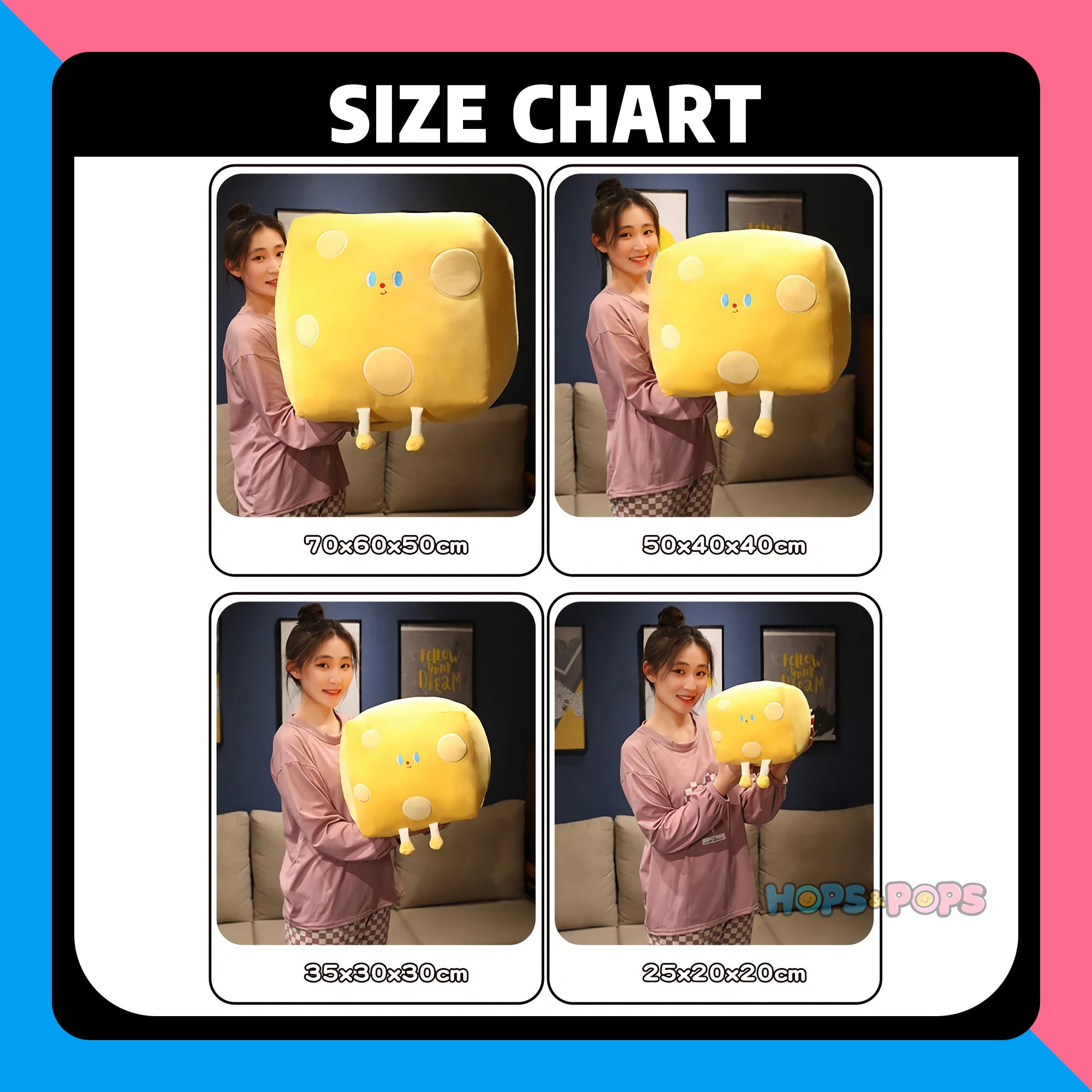 Size Chart for Cheddar Chonk - The Cheese Cube Plush with Legs!