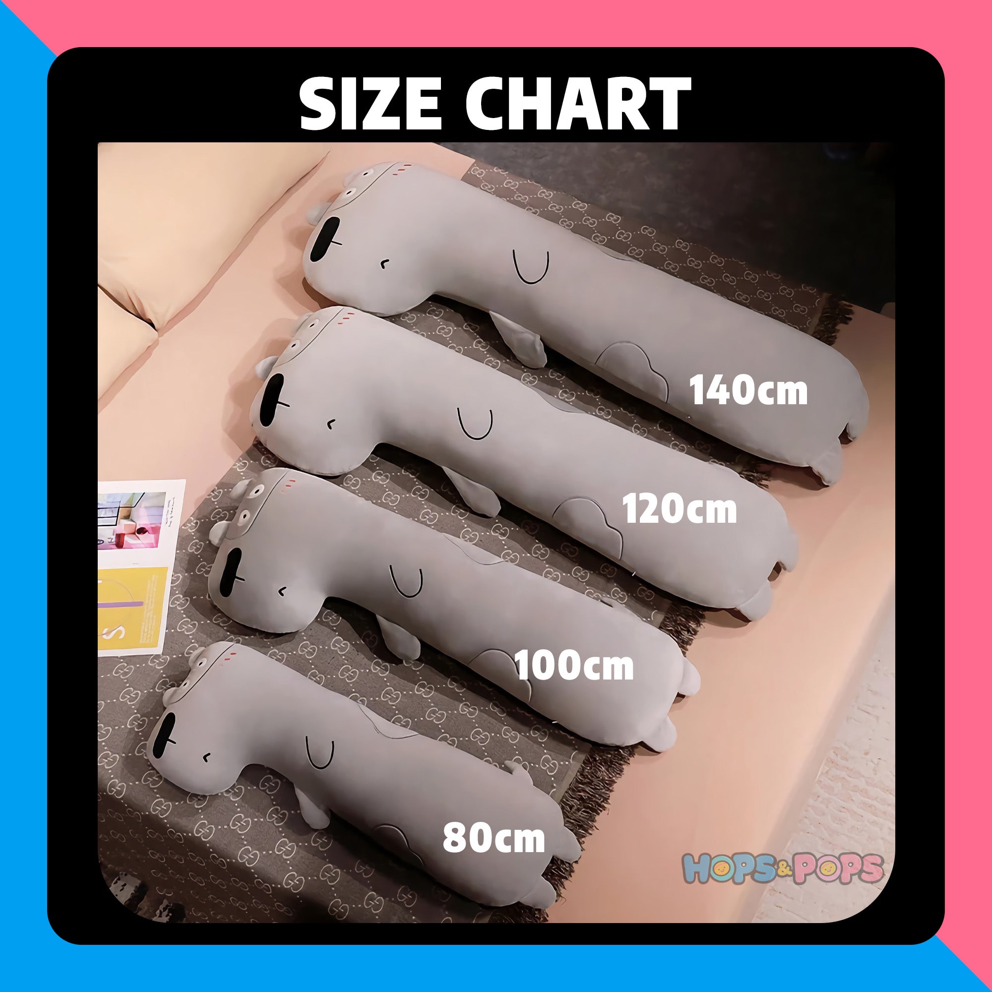 Size Chart for Lanky Pups Looong Plush Dog Pillows