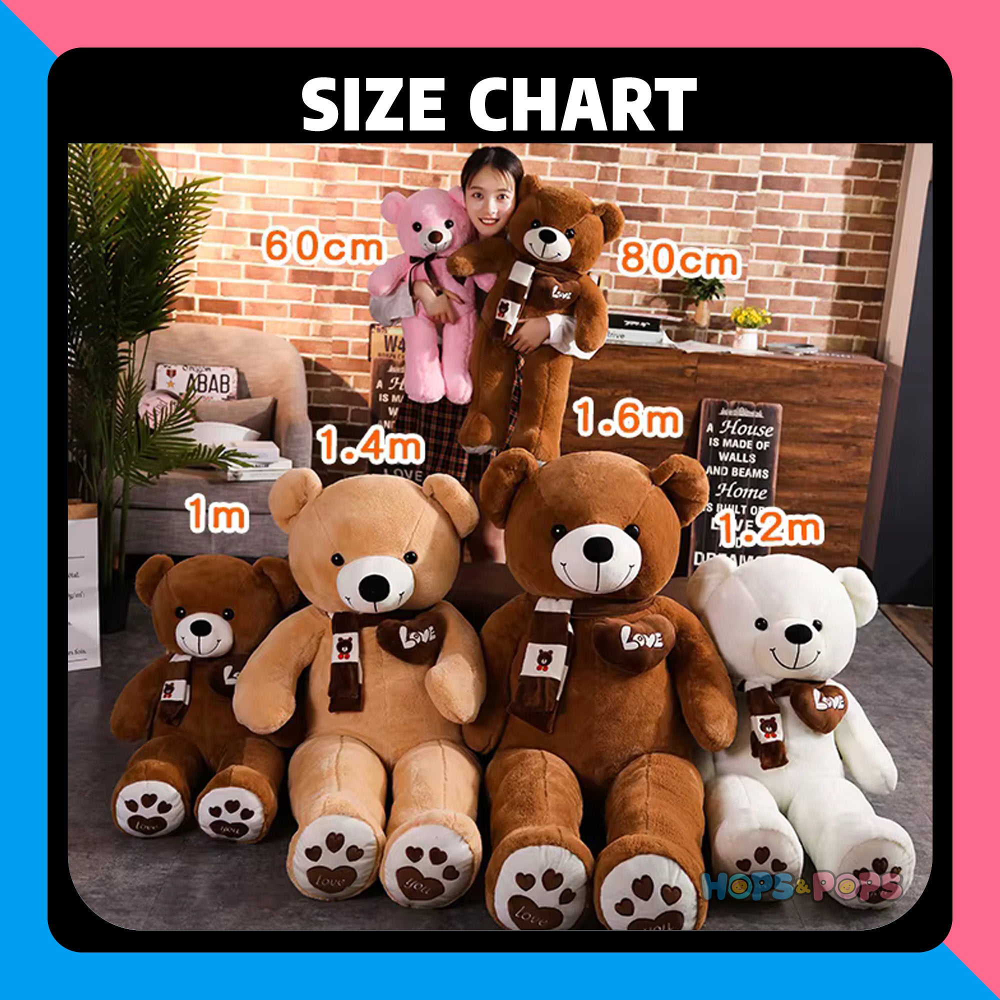 Size Chart for Kawaii Jumbo Teddy Bear Plush with Scarf