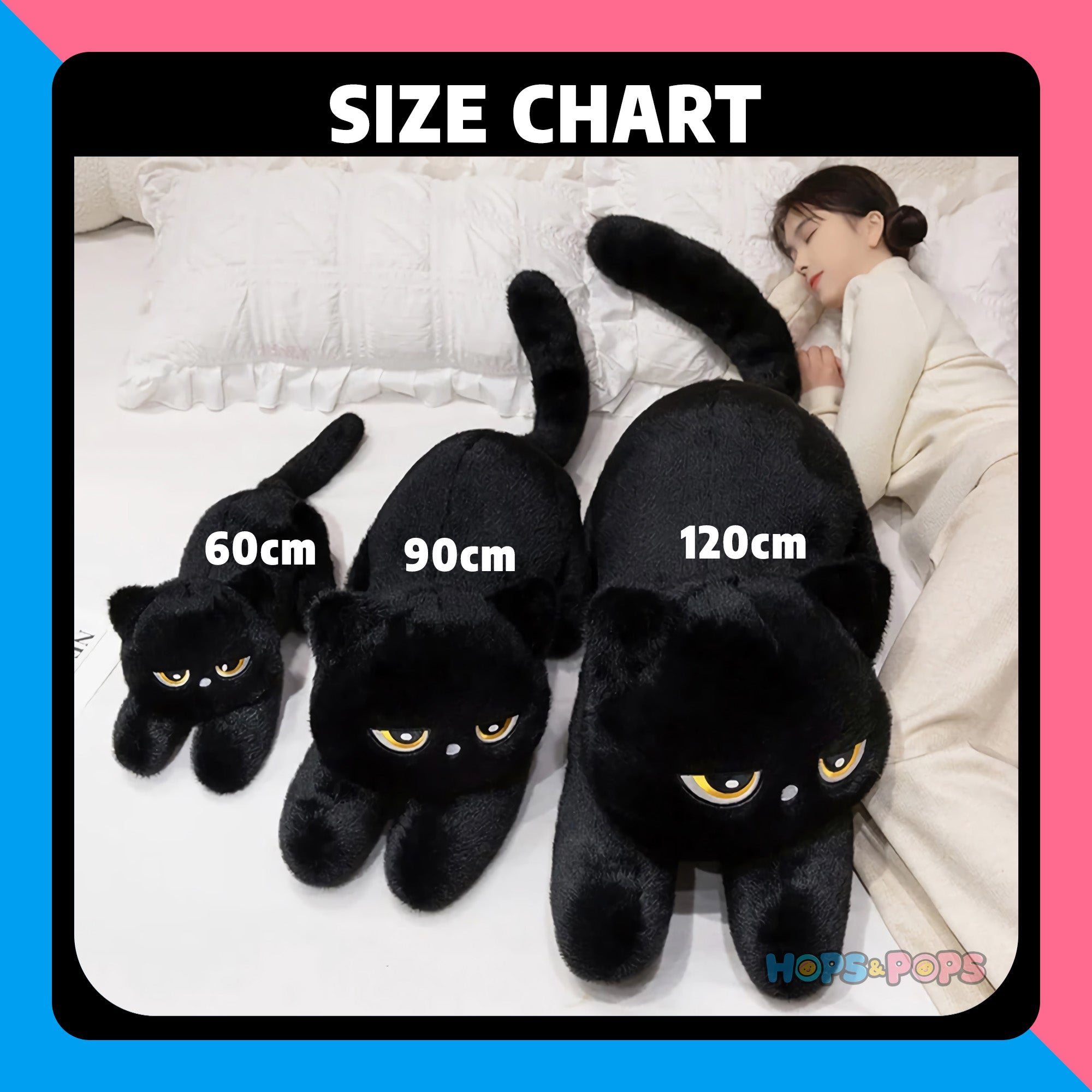 Size Chart for Black & Grey Winking & Sleeping Cat Plush Body Pillow