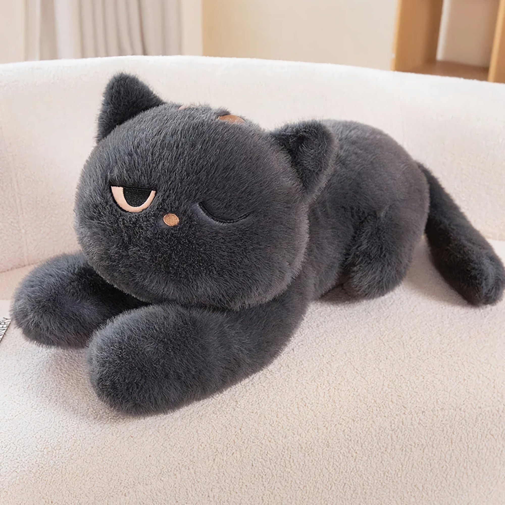 Black & Grey Winking & Sleeping Cat Plush Body Pillow