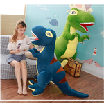 A girl sits on a couch with a blue plush dinosaur toy, while a green dinosaur plush is visible in the background.