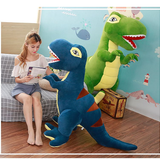 A girl sits on a couch with a blue plush dinosaur toy, while a green dinosaur plush is visible in the background.