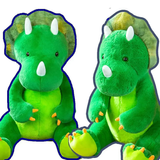 Green plush triceratops toy with white horns and orange claws.