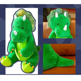 Green plush triceratops toy with a smiling face, three horns, and colorful feet, shown from multiple angles.
