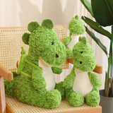 Green dinosaur plush toys with textured fur, sitting on a chair, with one wearing a small avocado backpack.