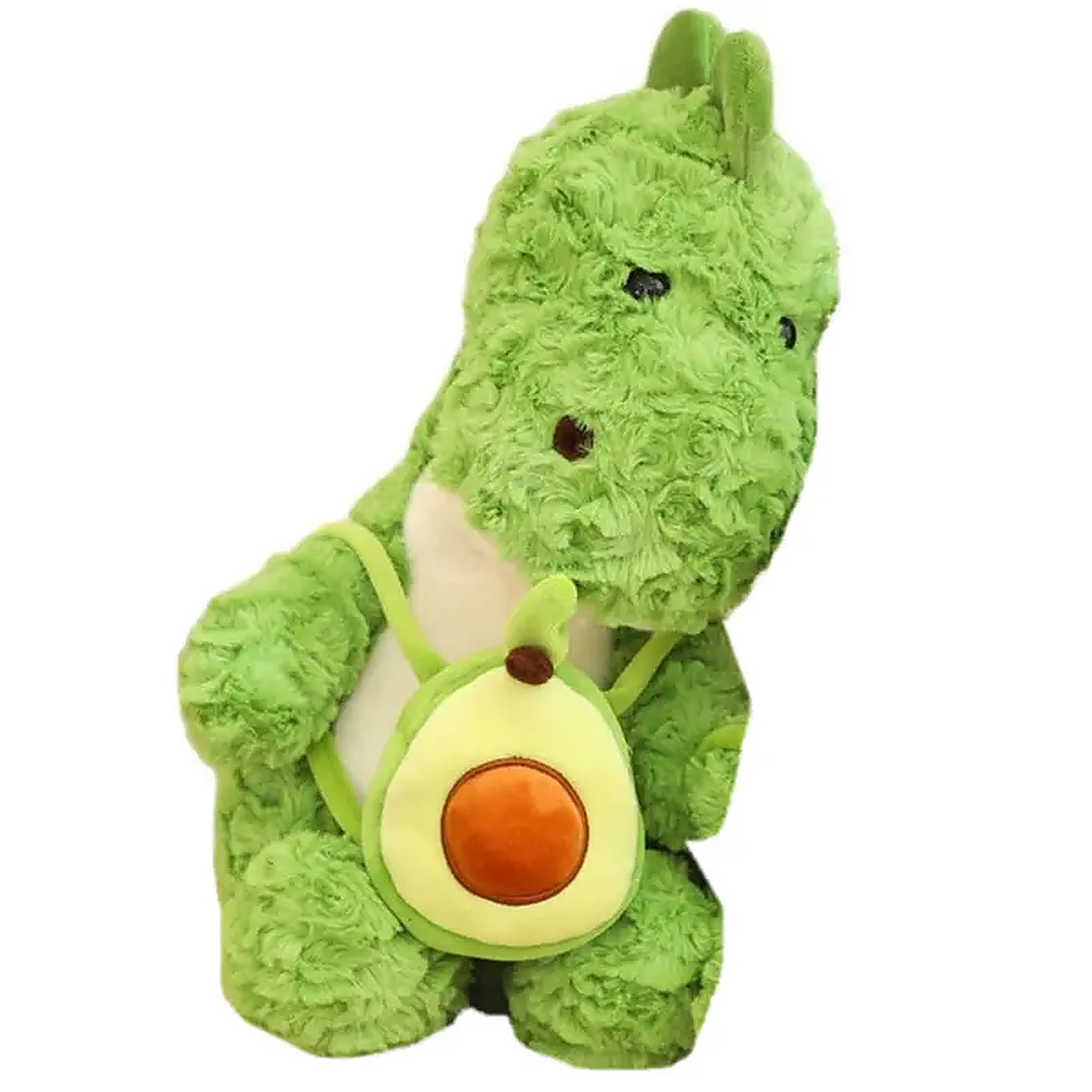 Green dinosaur plush toy with an avocado-shaped backpack, sitting upright and smiling.