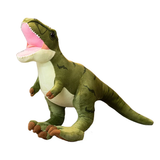 Plush toy of a green Tyrannosaurus Rex with an open mouth and small arms, sitting on its hind legs.