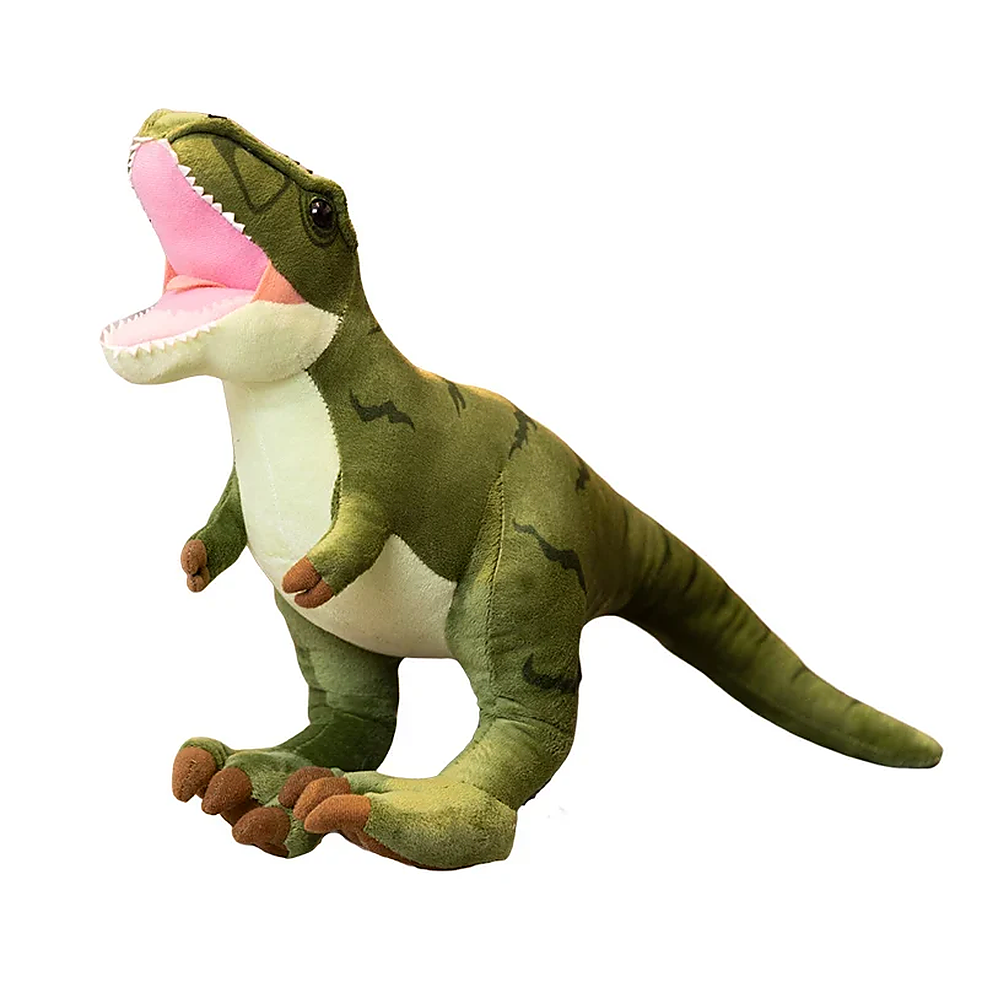 Plush toy of a green Tyrannosaurus Rex with an open mouth and small arms, sitting on its hind legs.