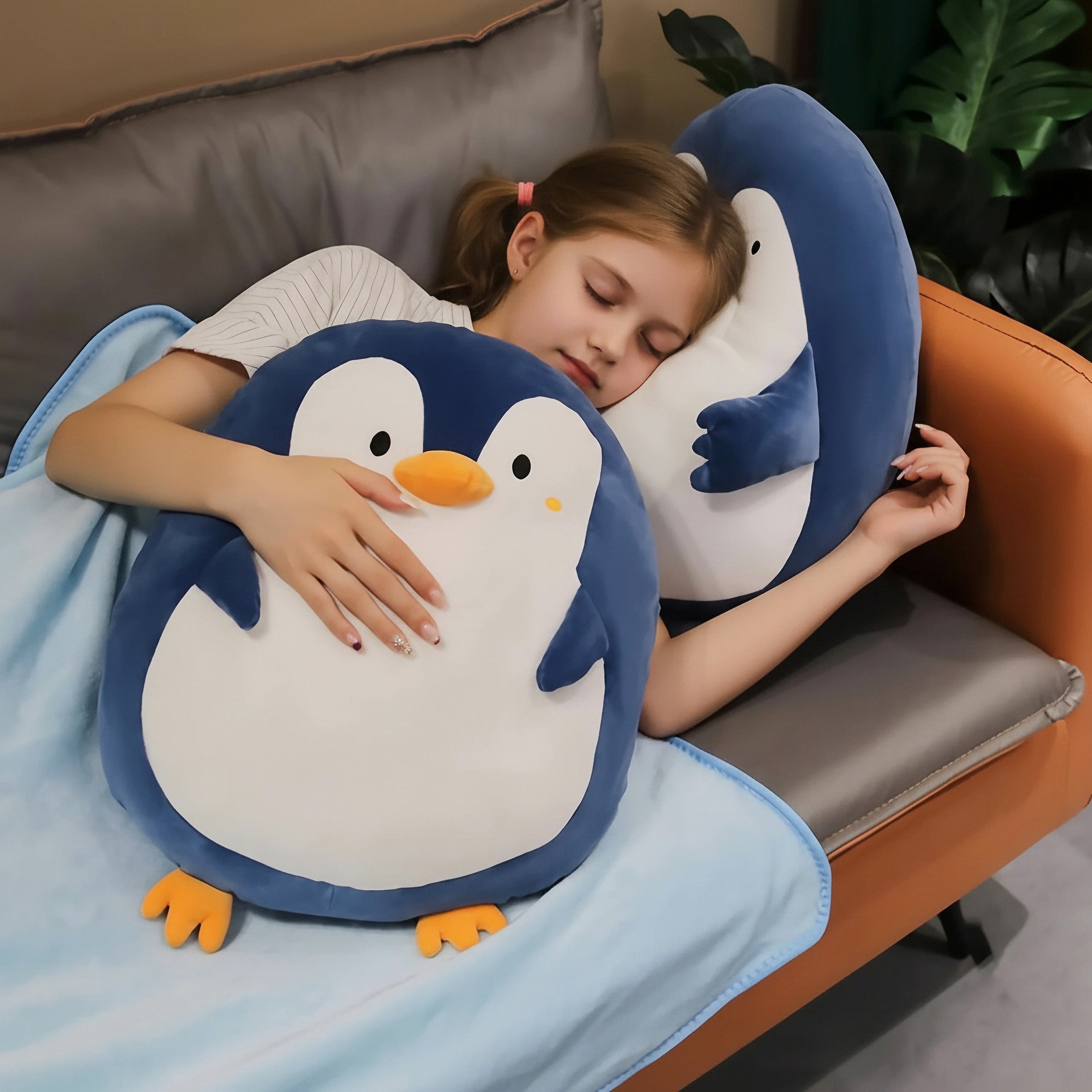 Arctic Pals Kids Travel Blanket & Plush Pillow Set - Hops and Pops - Cute - Plushies - Kawaii - Penguin Plush - Seal Plush - Shark Plush - Blue - White