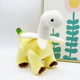 Plush toy resembling a dinosaur with a yellow body and white head, designed to look like a banana.