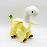 Plush toy resembling a dinosaur with a yellow body, white neck, and flower-like features.