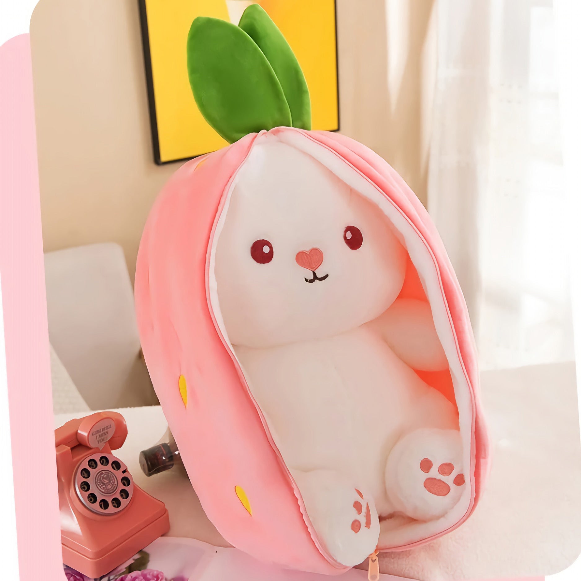 Berry Buns, Transforming Strawberry & Carrot Bunny Plush - Hops and Pops - Cute - Plushies - Kawaii - Rabbit Plush - Features: Two in One, Reversible