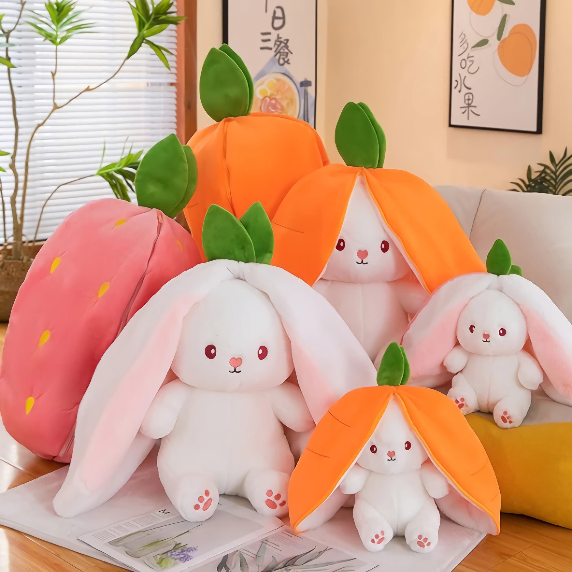 Berry Buns, Transforming Strawberry & Carrot Bunny Plush - Hops and Pops - Cute - Plushies - Kawaii - Rabbit Plush - Stuffed Animals