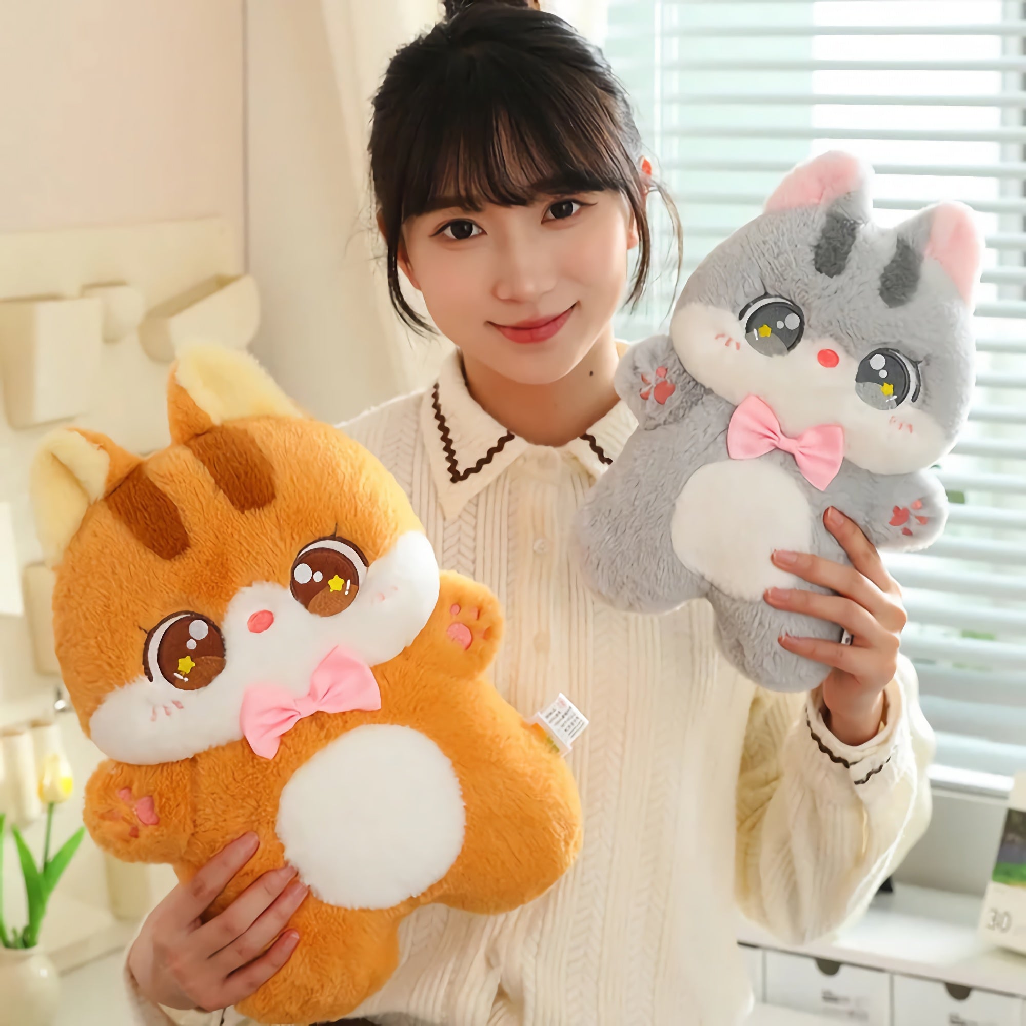 Big-Eyed Bowtie Kittens Plush Stuffed Animal - Hops and Pops - Cute - Plushies - Kawaii - Cat Plush - Features: Big Eyes