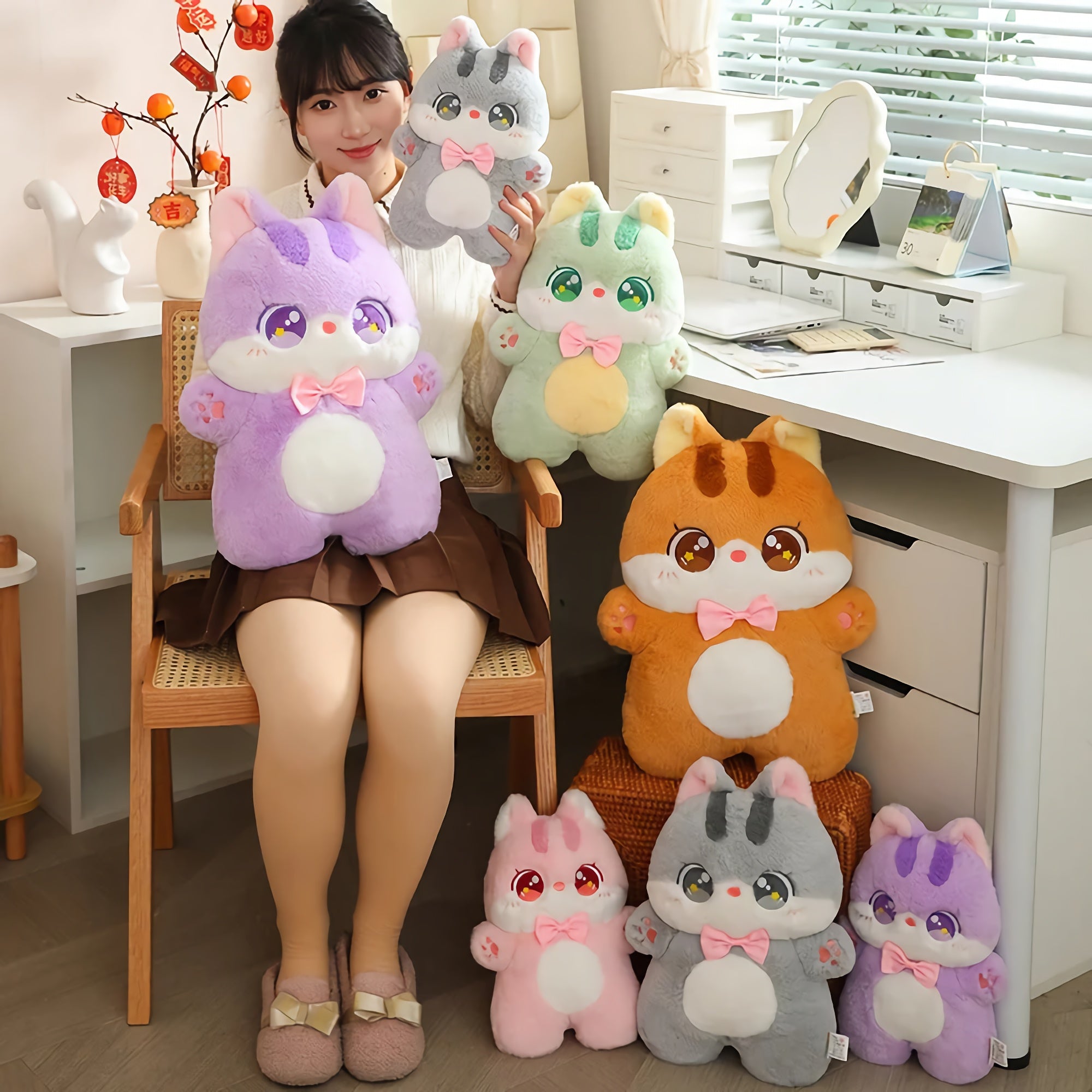 Big-Eyed Bowtie Kittens Plush Stuffed Animal - Hops and Pops - Cute - Plushies - Kawaii - Cat Plush - Happy Plush, Whimsical Plush